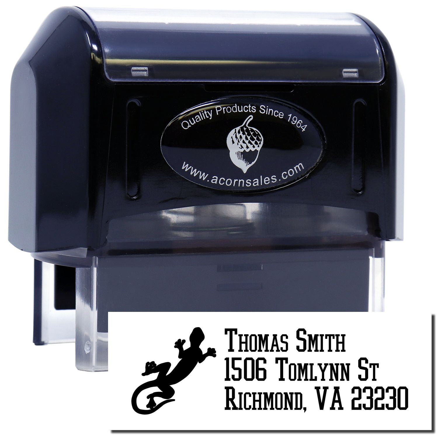 Custom self-inking address rubber stamp with lizard logo and Richmond, VA return mailing address imprint.