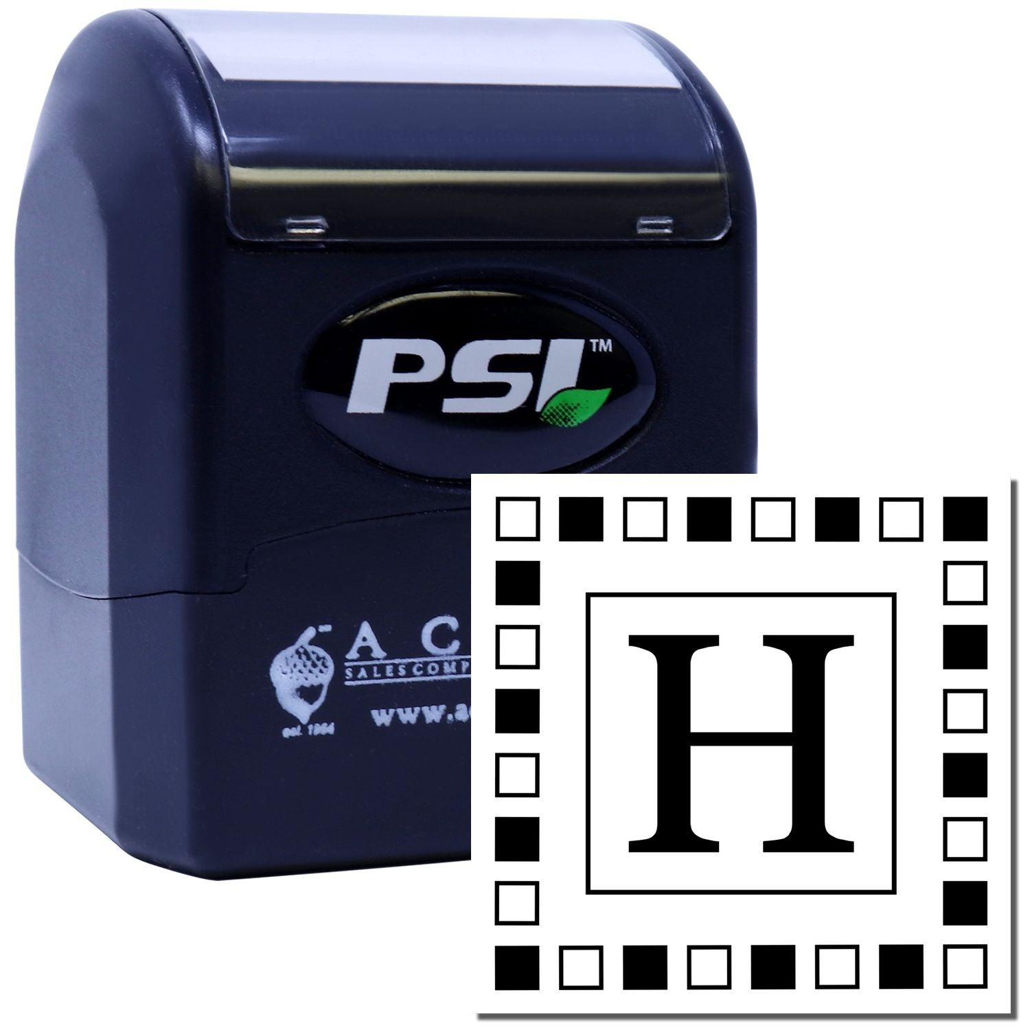 PSI self-inking rubber stamp with custom monogram H for business branding and office use