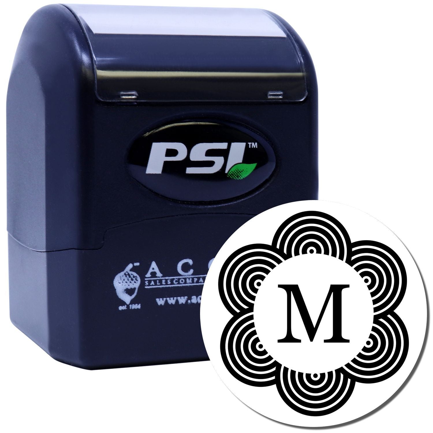 PSI self-inking rubber stamp with custom monogram M design for personalized business or craft stamping.