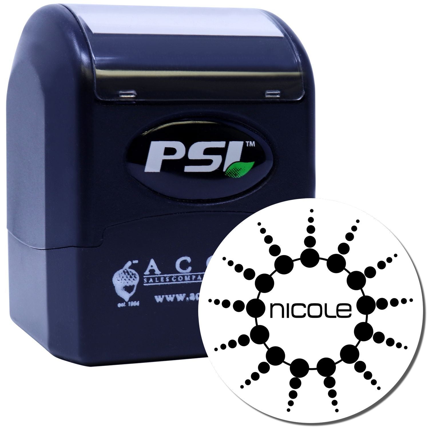 Custom PSI self-inking rubber stamp with Nicole logo design for personalized branding and everyday stamping use.