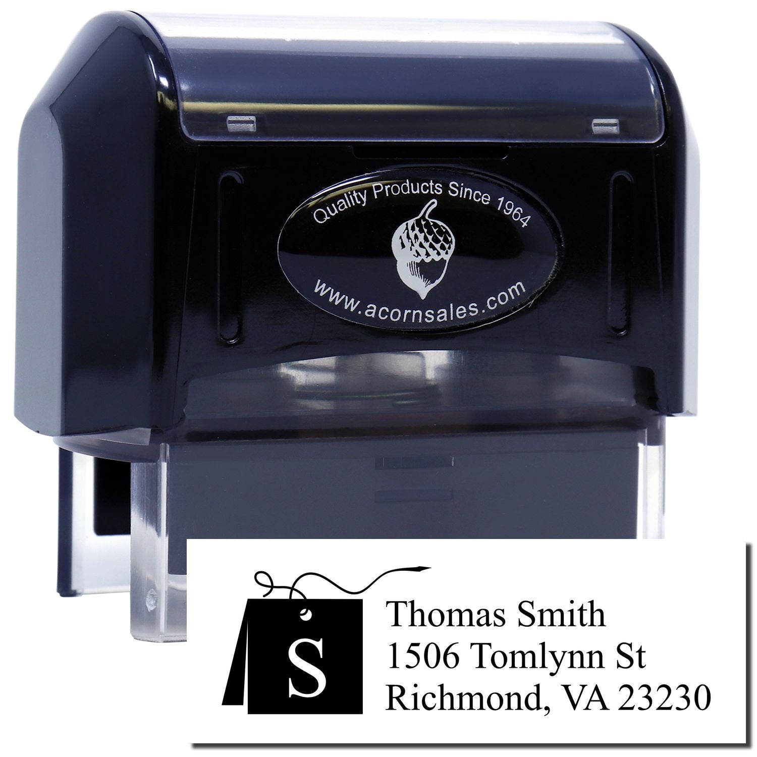 Custom self-inking rubber address stamp with Thomas Smith, 1506 Tomlynn St, Richmond, VA 23230