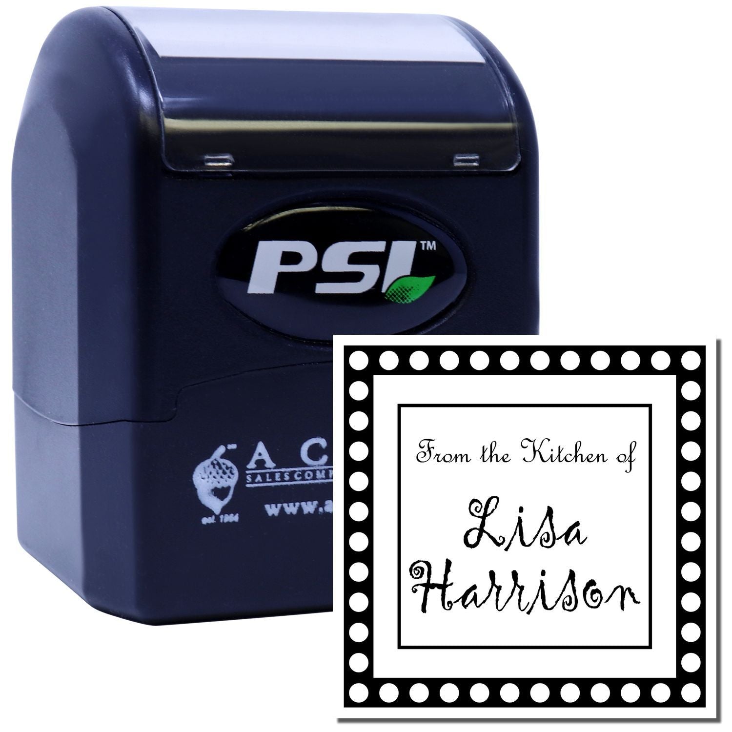 Custom self-inking rubber stamp with personalized From the Kitchen of Lisa Harrison design for recipes and baked goods
