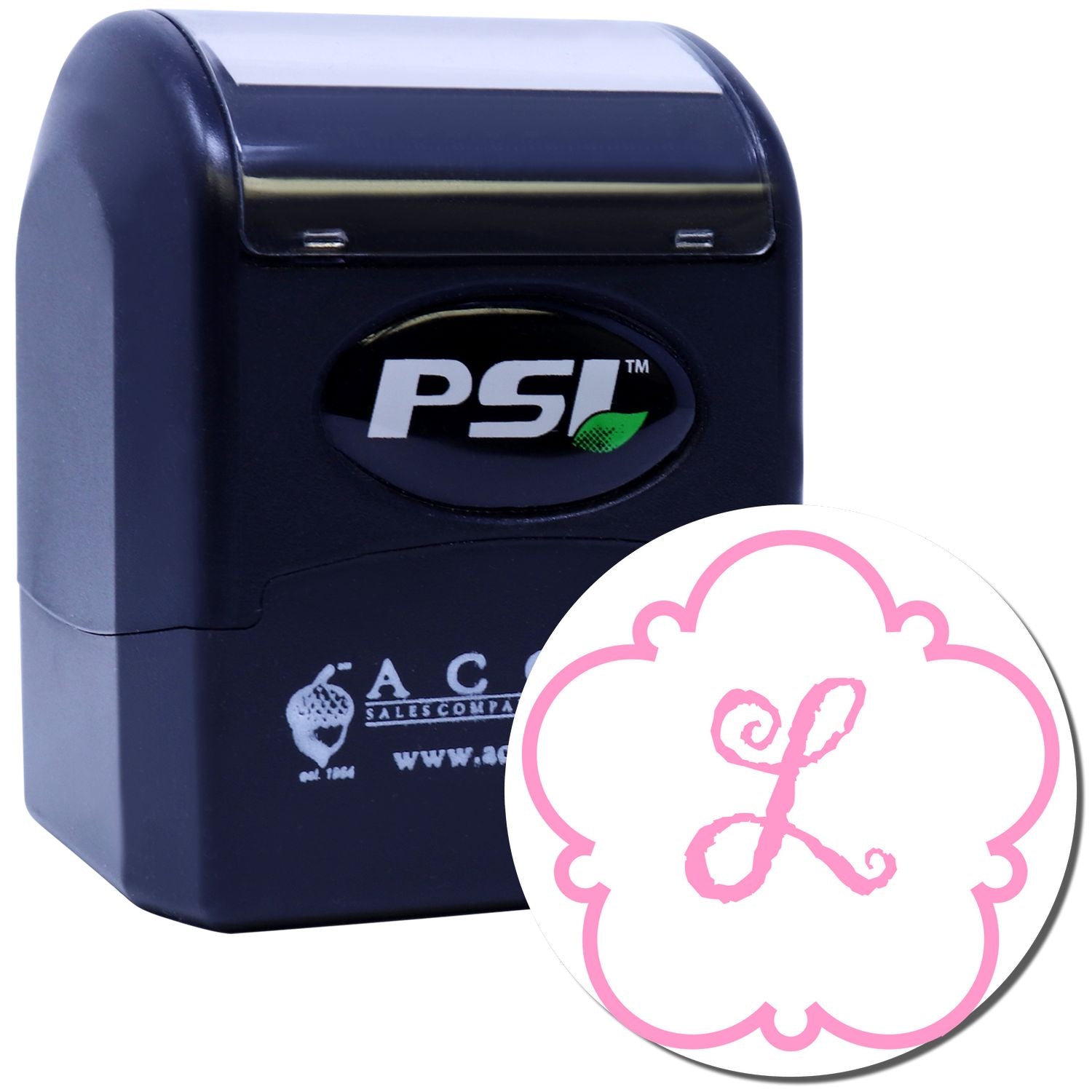 Custom PSI self-inking rubber stamp with pink floral monogram for personalized wedding invitations, business branding, or stationery.