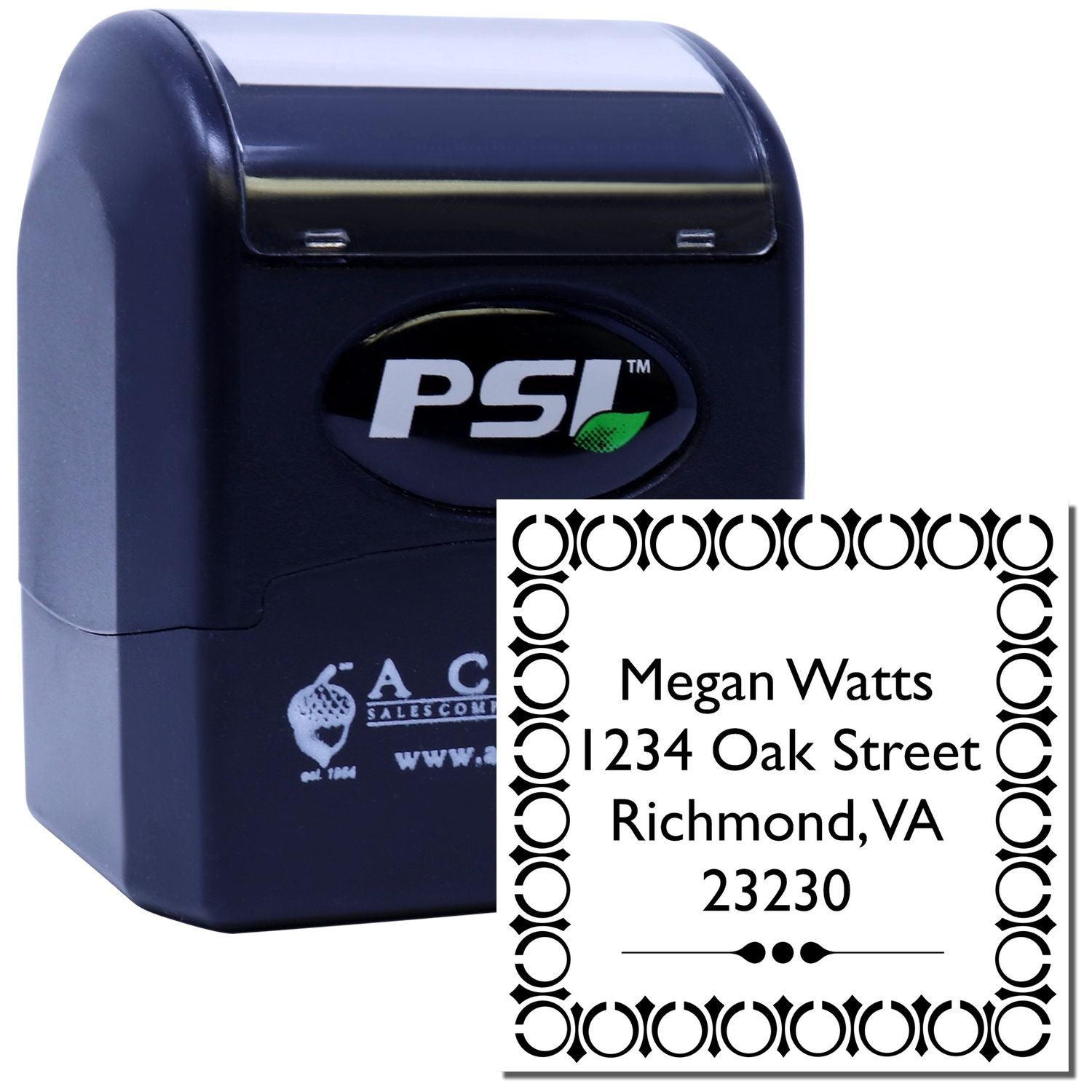 PSI self-inking rubber address stamp with custom return address for personalized mailing and office correspondence.