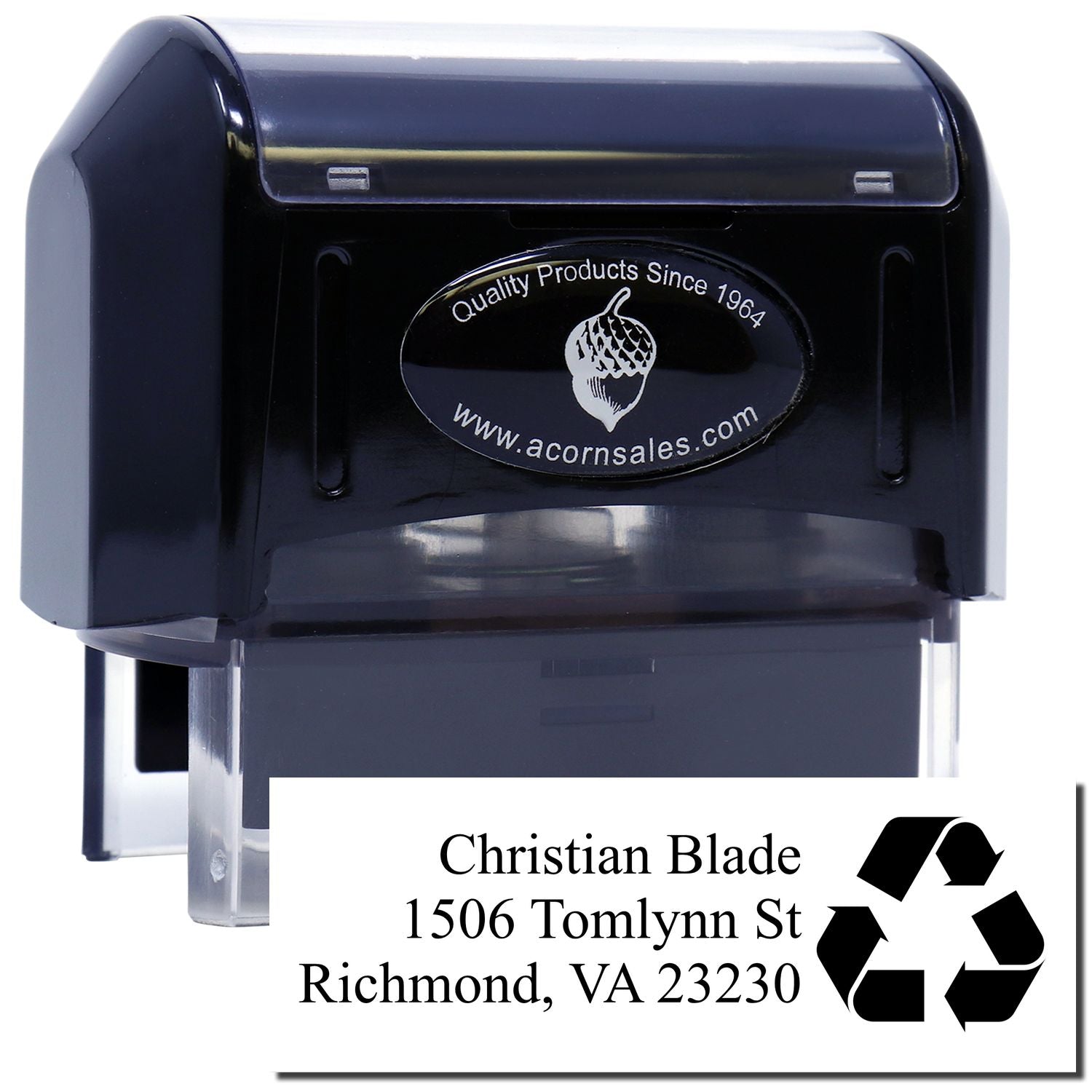 Custom self-inking rubber return address stamp with recycling symbol for Christian Blade, Richmond, VA 23230