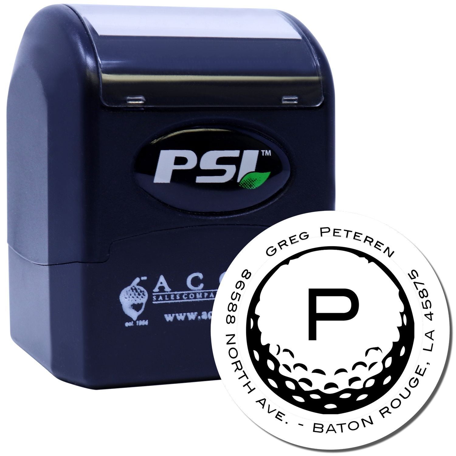 PSI self-inking rubber stamp with custom return address design for mailing, business branding, and personal use.