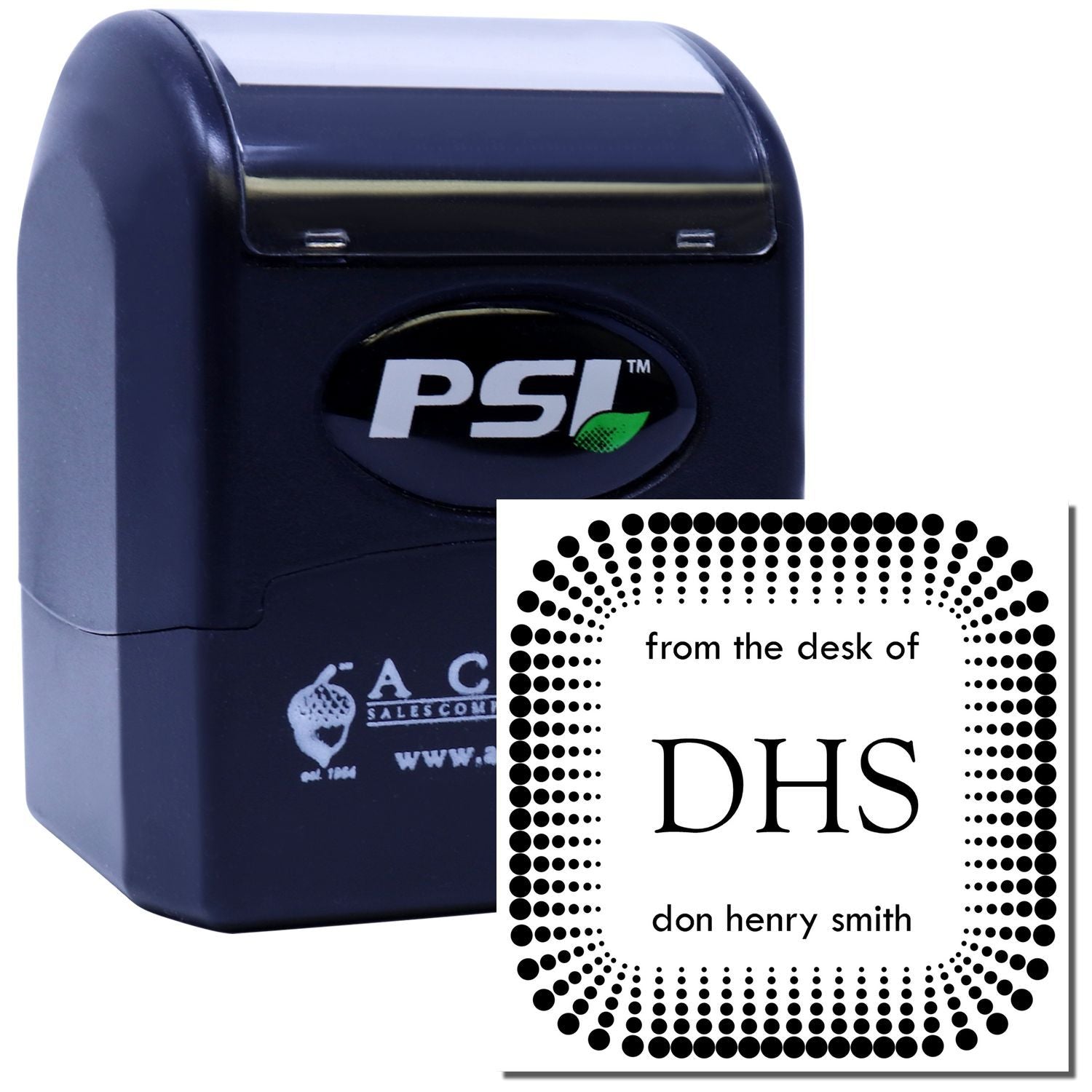 Custom self-inking rubber stamp with from the desk of DHS office monogram impression for personalized paperwork.