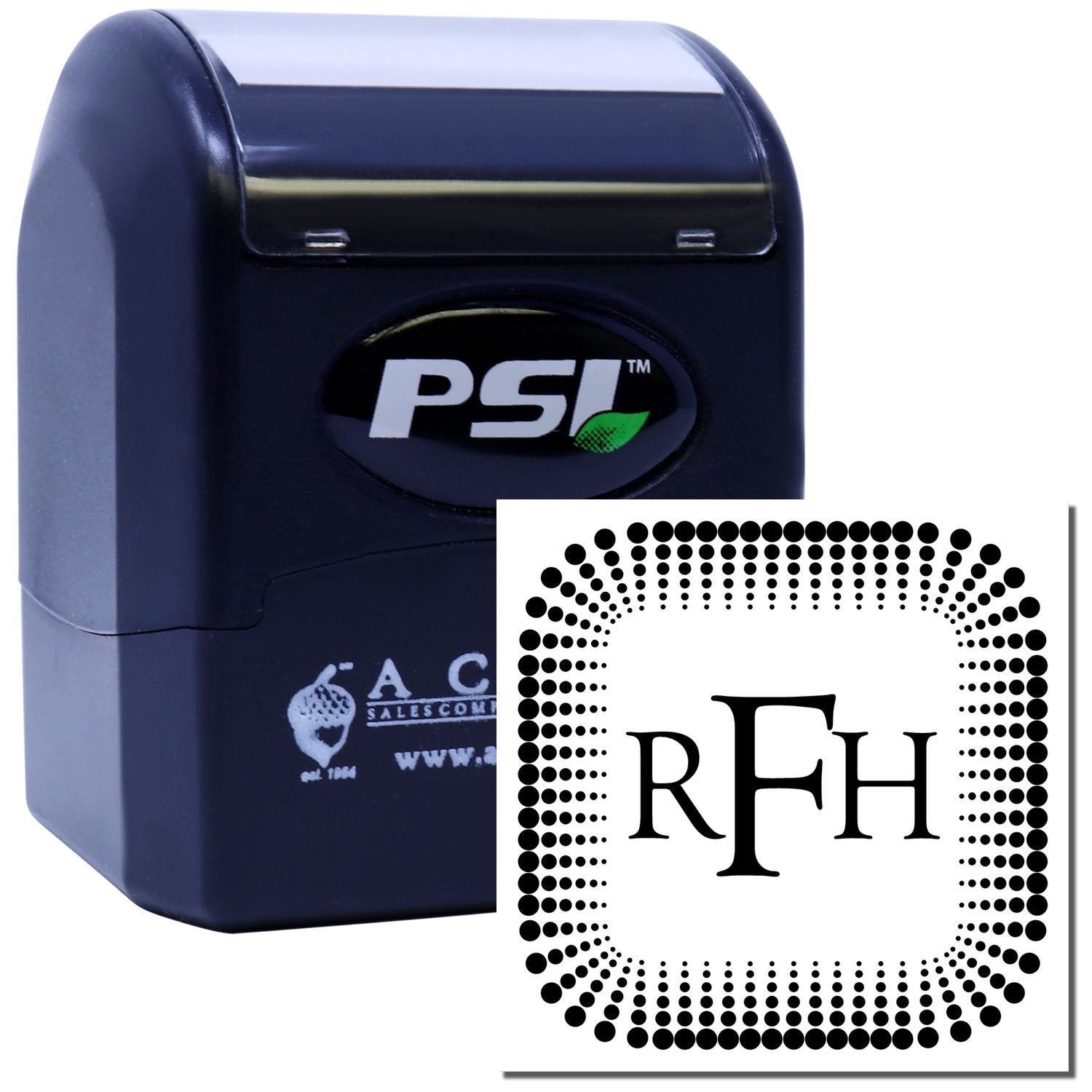 PSI self-inking rubber stamp with custom RFH monogram logo for personalized business or office marking.