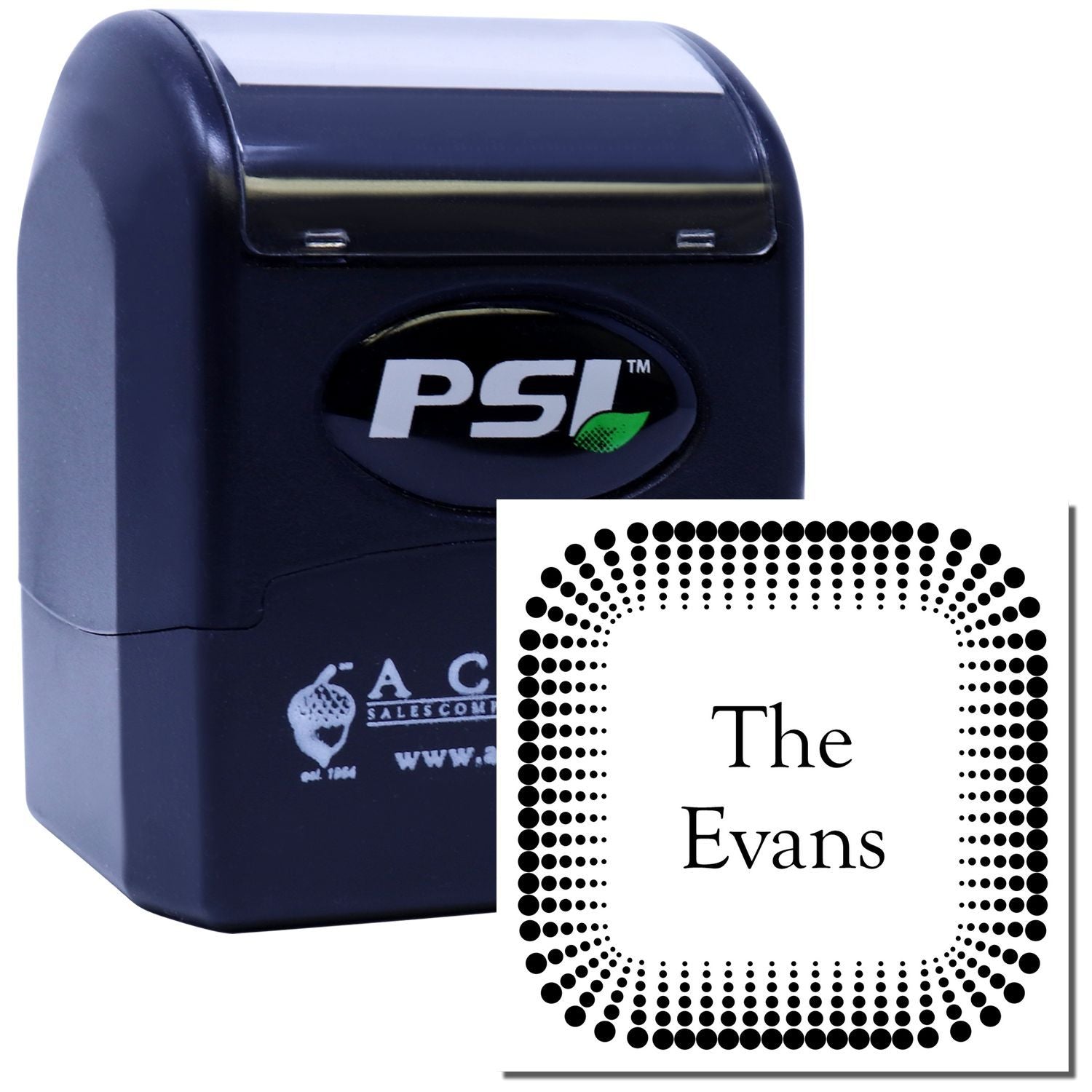 PSI self-inking rubber stamp with custom The Evans name design and dotted square border