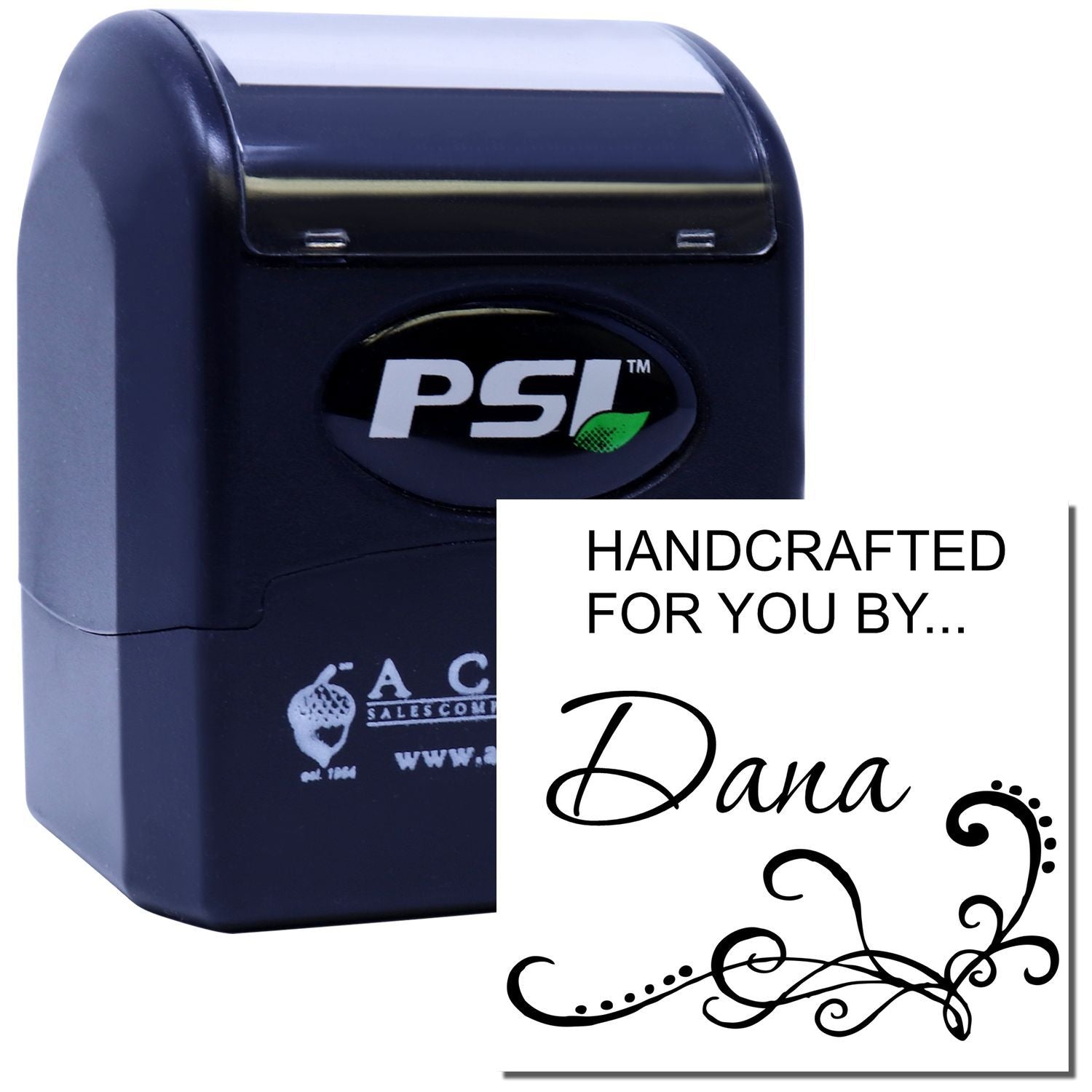 Custom self-inking rubber stamp with Handcrafted for You by Dana text and decorative flourish for handmade product packaging.
