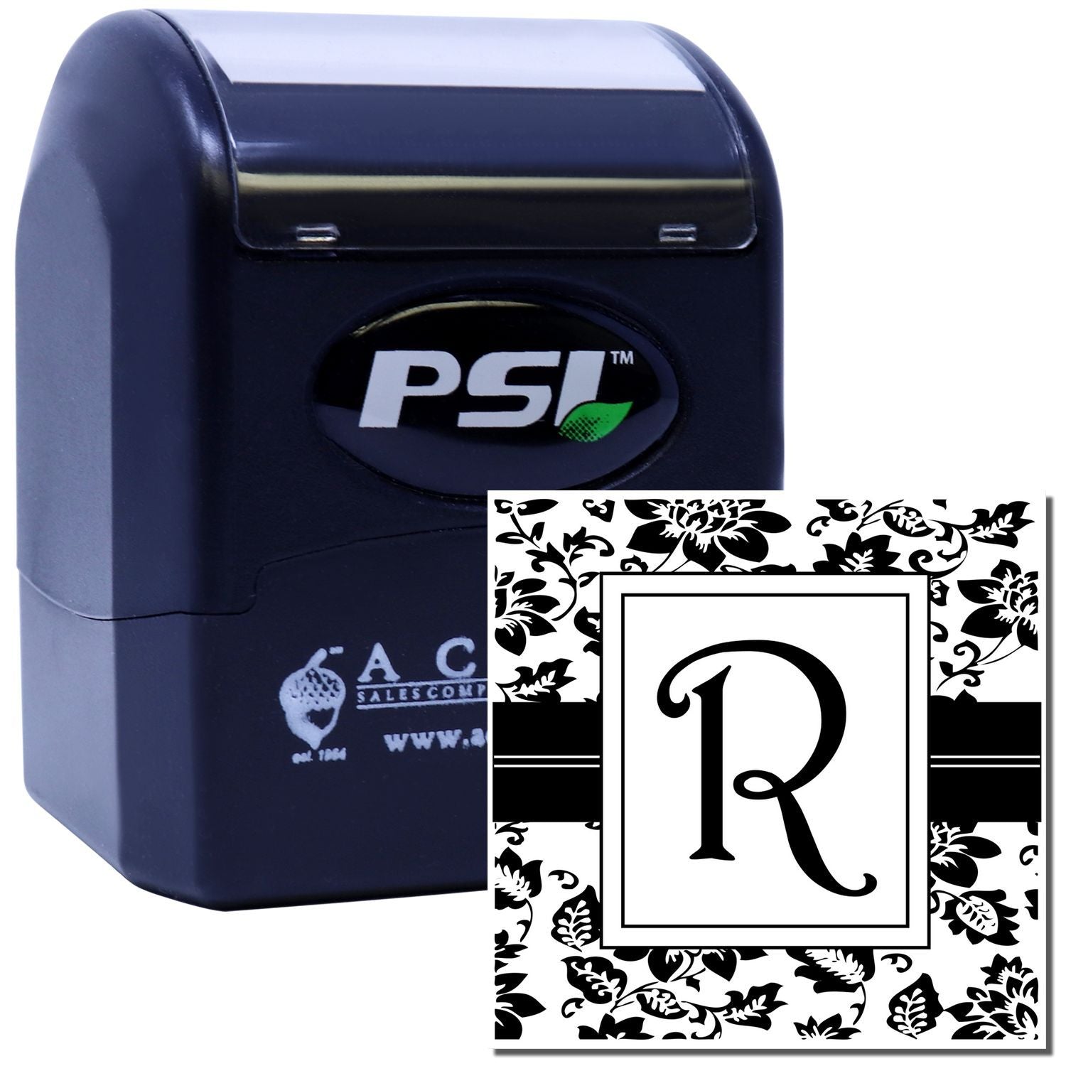 PSI self-inking custom rubber stamp with floral monogram R for personalized stationery, business branding, and crafts.
