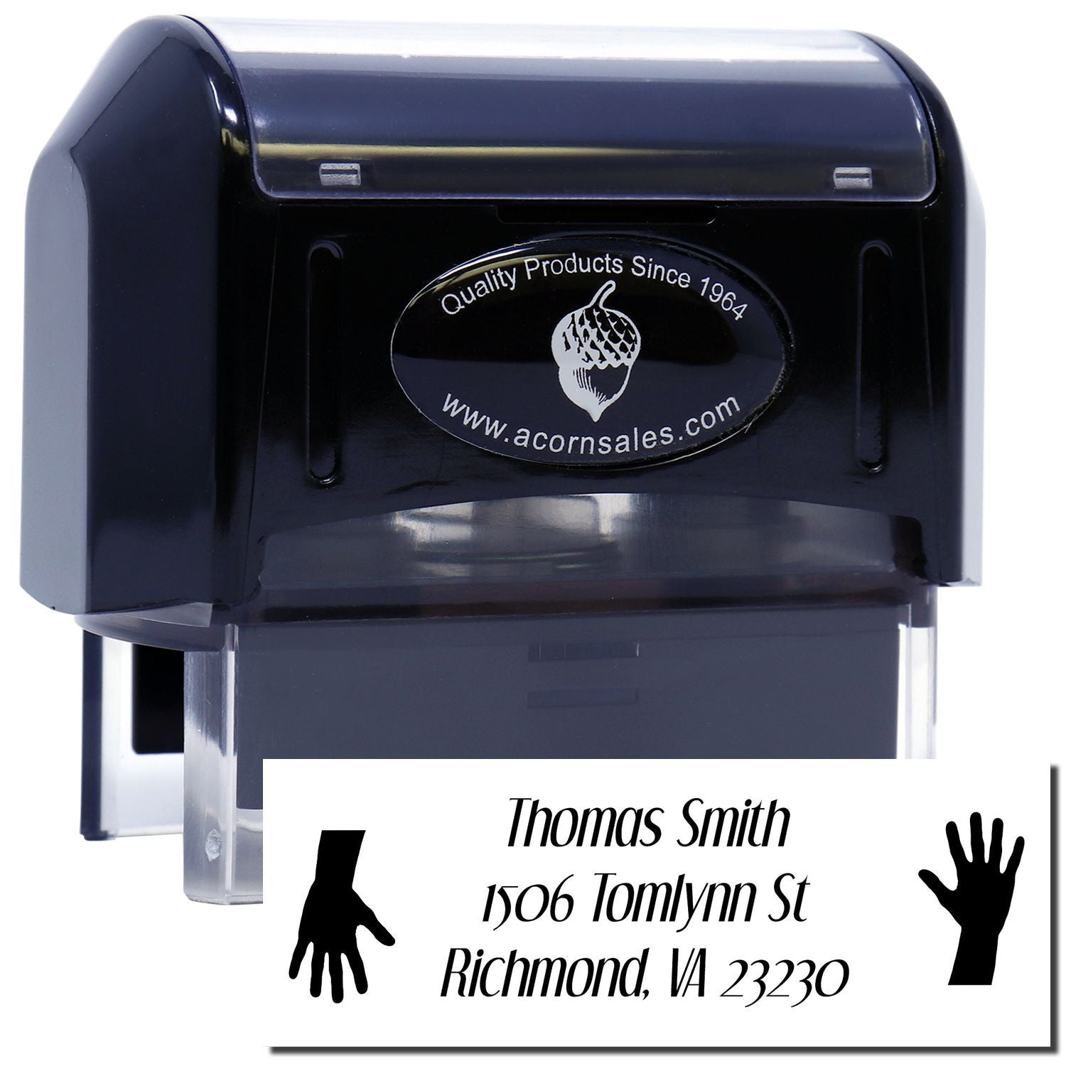 Custom self-inking rubber address stamp showing name, street address, city, ZIP code, and hand icons for mail handling.