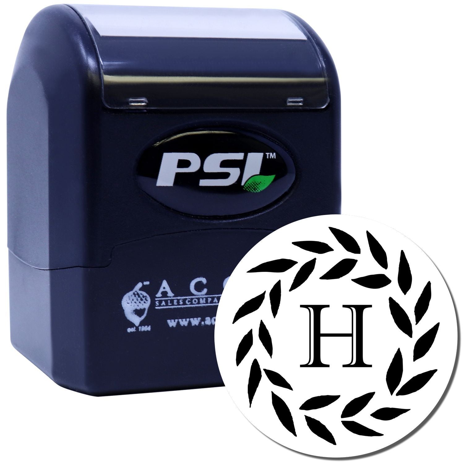 PSI self-inking rubber stamp with custom monogram H and leaf wreath, ideal for personalized business branding.