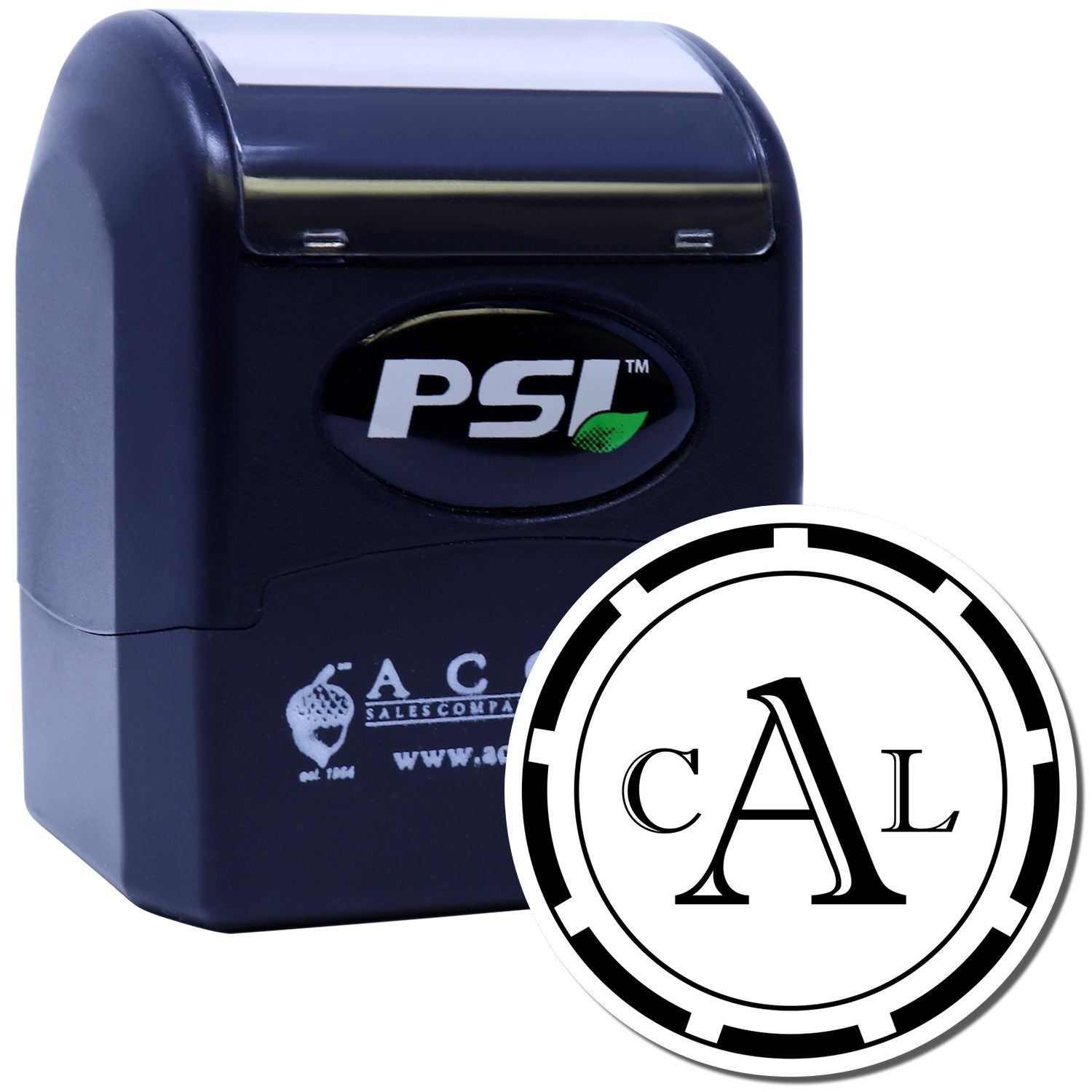 PSI self-inking rubber stamp with custom CAL monogram design for personalized business branding and document marking