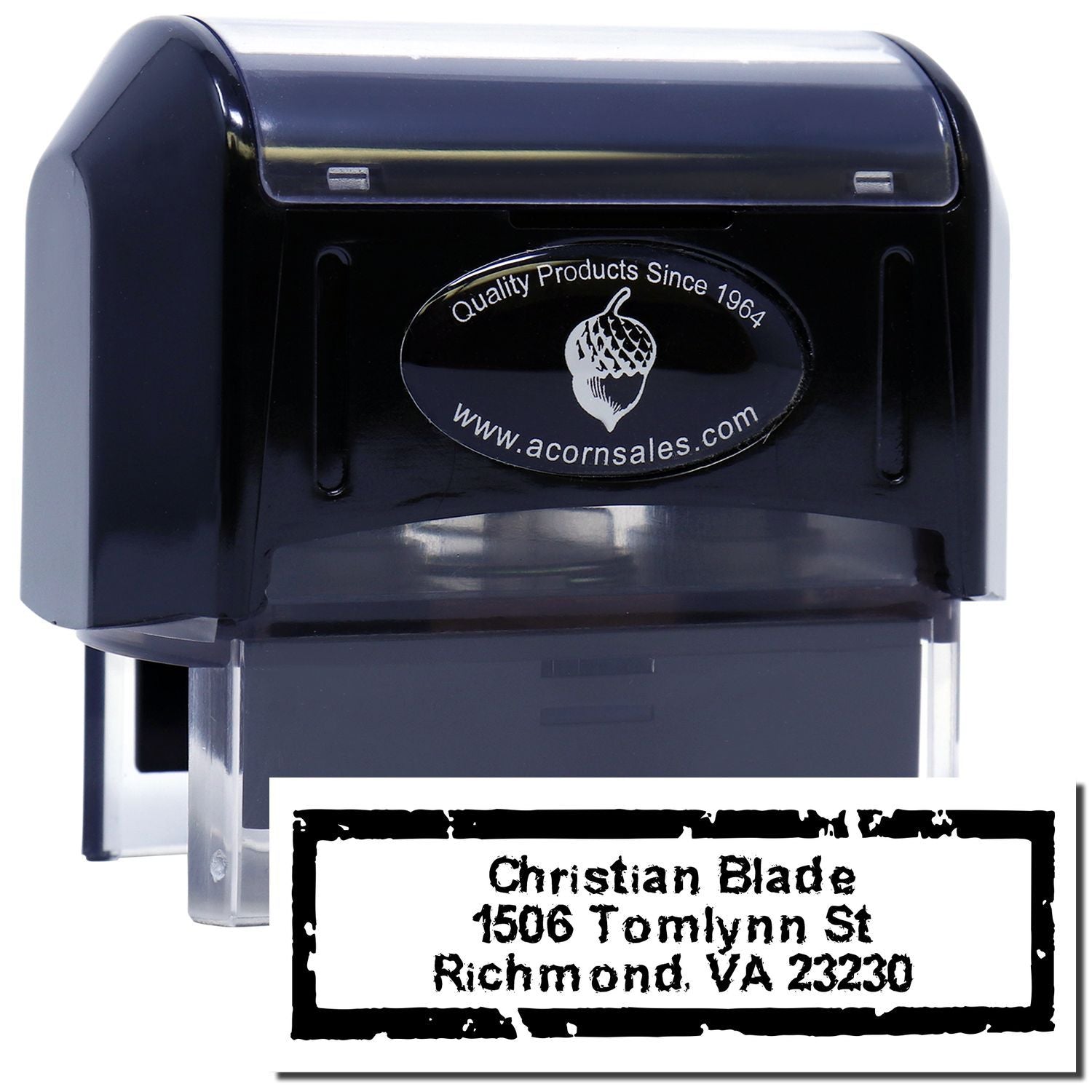 Custom self-inking rubber address stamp with distressed border, ideal for return address and business mailing.