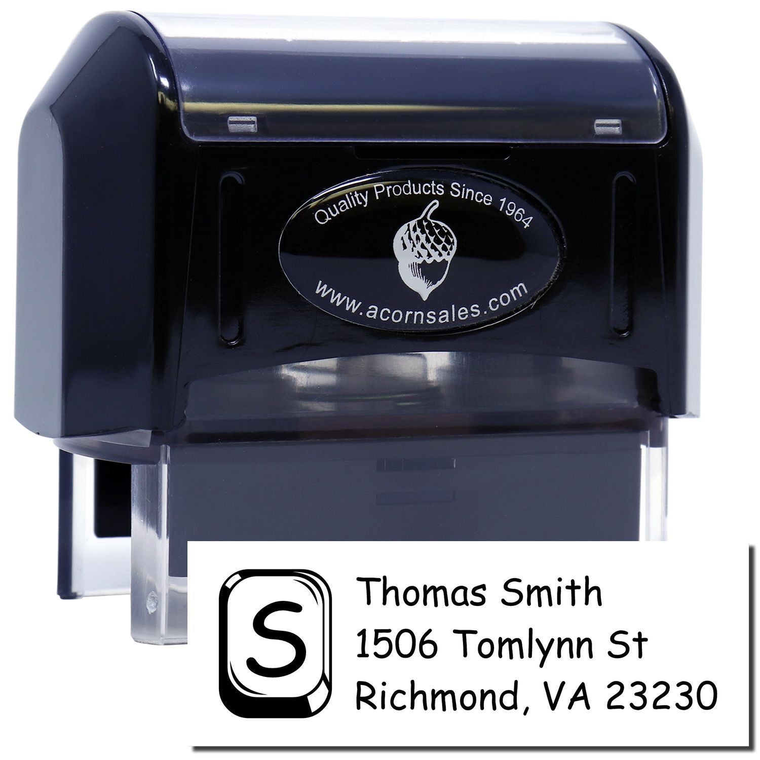 Custom self-inking rubber address stamp with monogram S and return address for Thomas Smith, Richmond, VA.