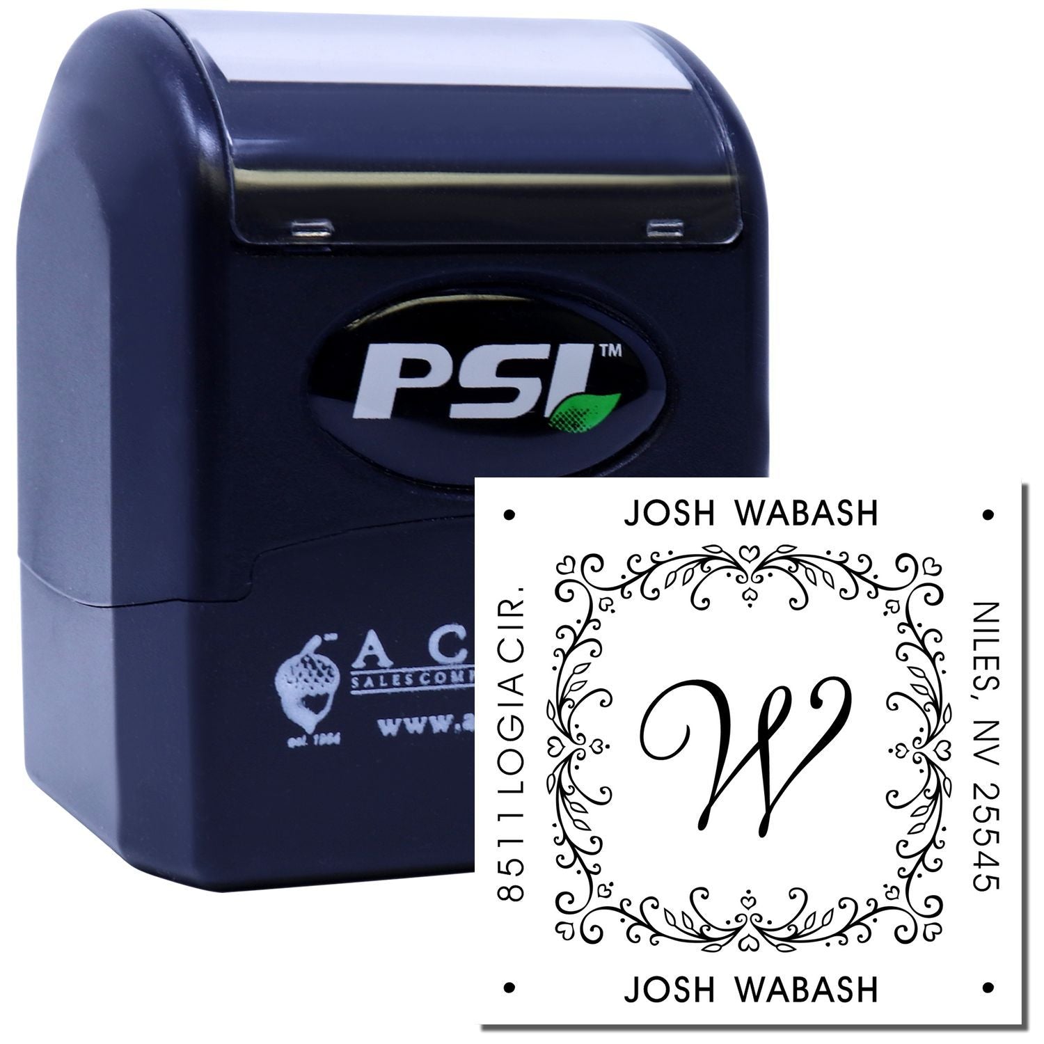 PSI self-inking custom address rubber stamp with ornate monogram, for Josh Wabash, Niles, NV 25545.