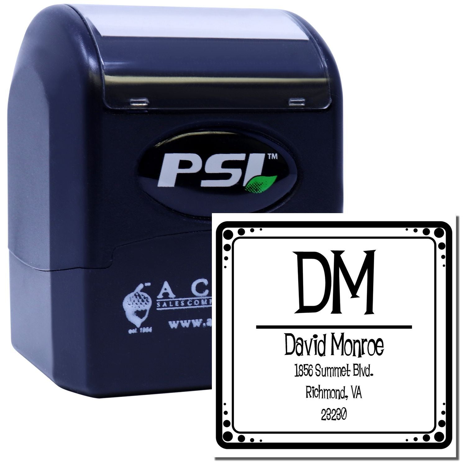 Custom self-inking PSI rubber stamp with DM monogram and return address for David Monroe, Richmond, VA.