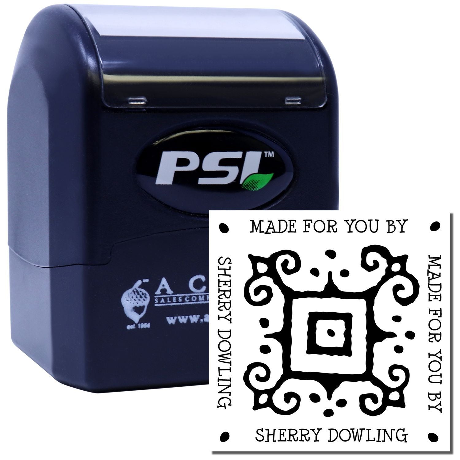 Custom self-inking rubber stamp by PSI with personalized makers mark for handmade packaging and business branding.