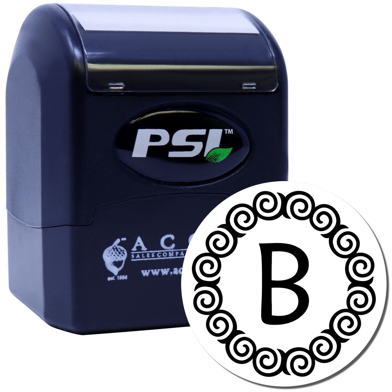 PSI self-inking rubber stamp with decorative monogram B design for custom stationery