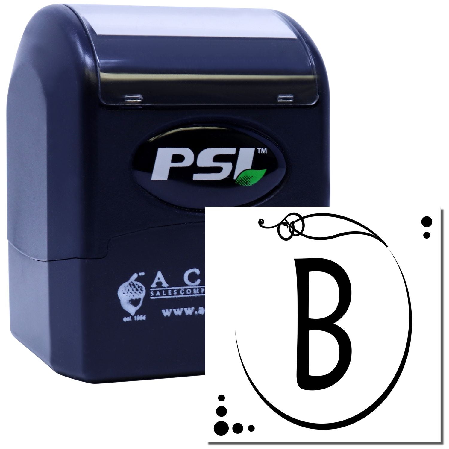 PSI self-inking custom rubber stamp with decorative letter B for business branding, envelopes, and office use