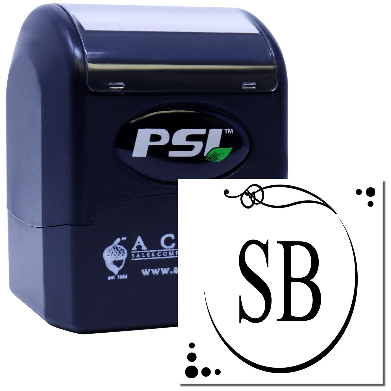 PSI self-inking rubber stamp with SB monogram design for custom stationery, branding, and personalized documents.