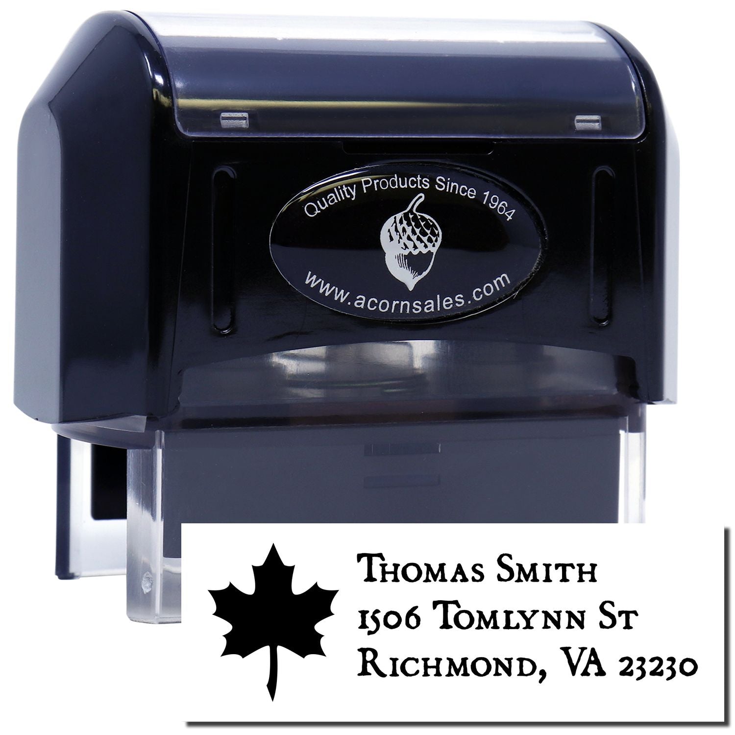 Personalized self-inking rubber address stamp with maple leaf design for custom mailing and business use.
