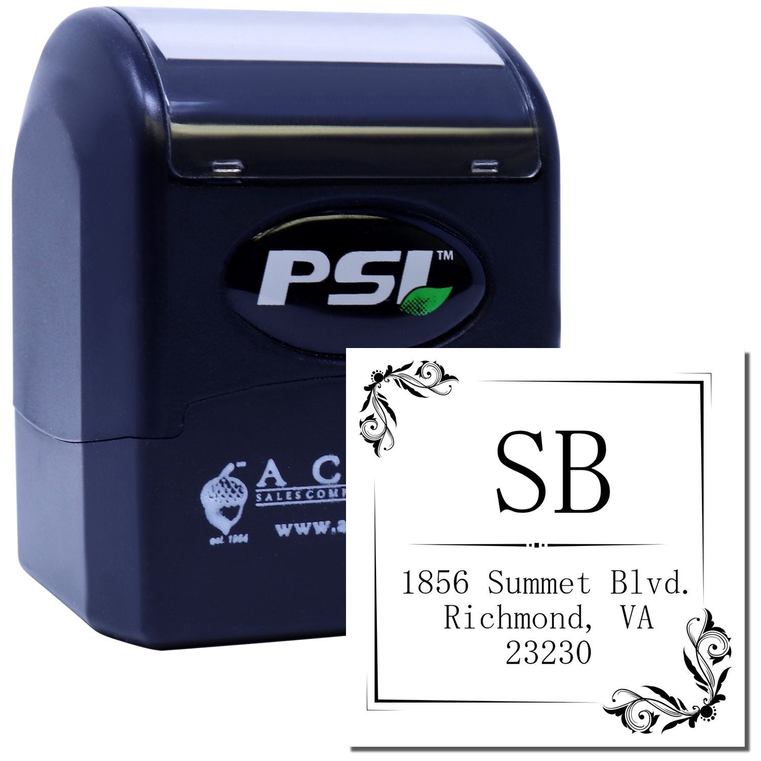 PSI self-inking custom address rubber stamp with monogram design for mailing labels and business branding.