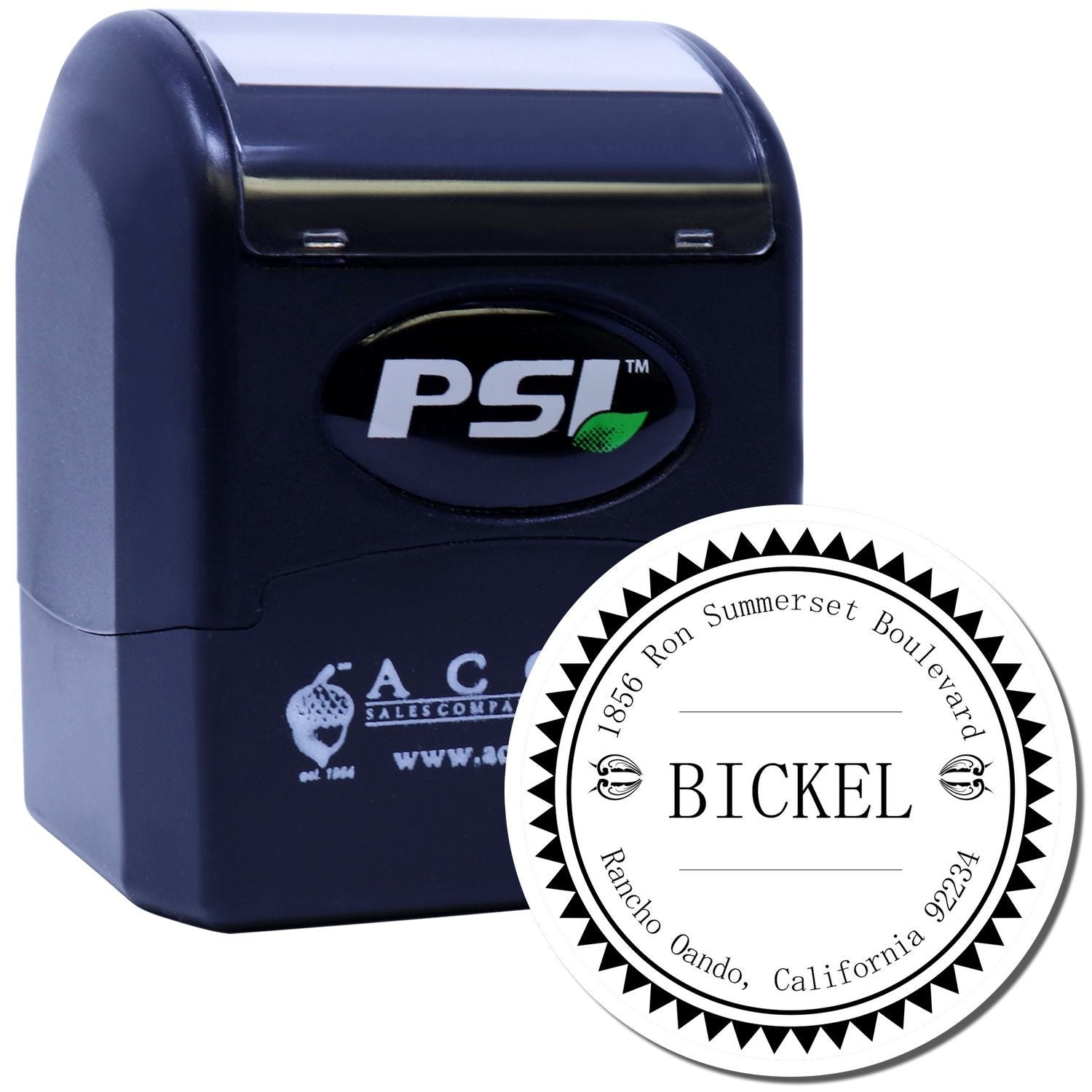 Custom self-inking return address rubber stamp with round personalized design for mailing, business, or wedding use.