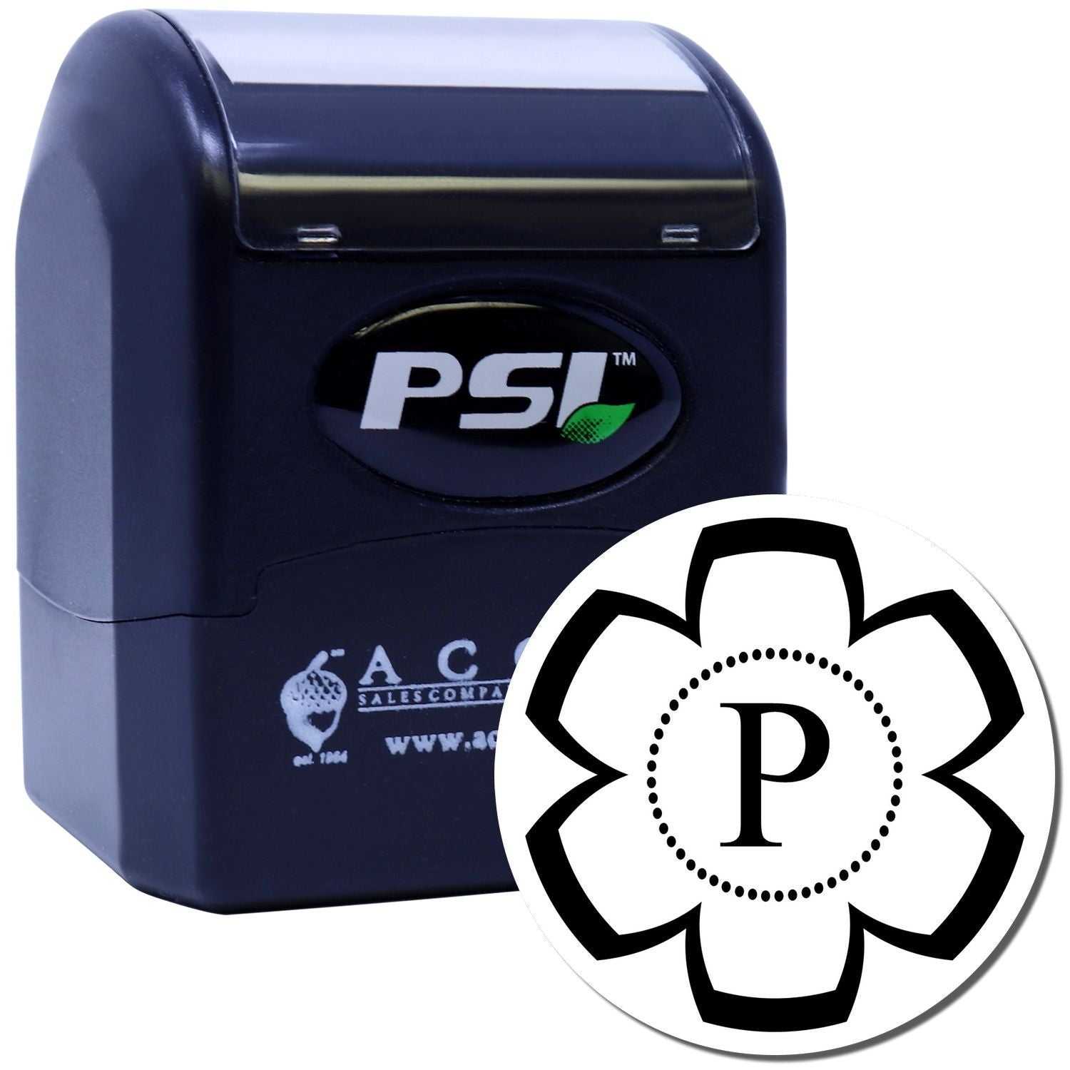 PSI self-inking rubber stamp with custom flower monogram design, ideal for personalized business or craft stamping.