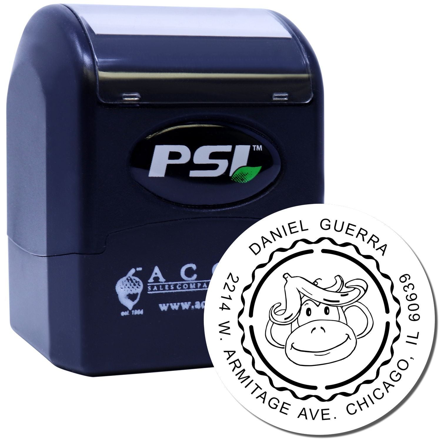 PSI self-inking custom rubber stamp with personalized circular address design for Daniel Guerra, Chicago, IL.