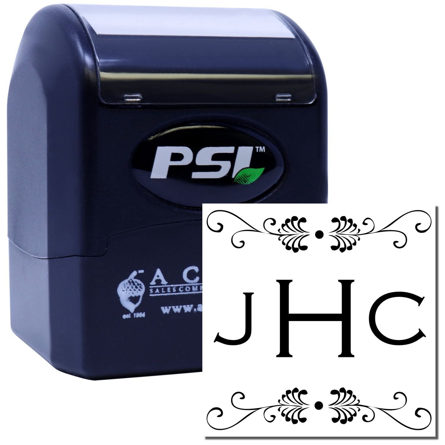 PSI self-inking custom rubber stamp with JHC monogram and decorative flourishes for personalized business branding