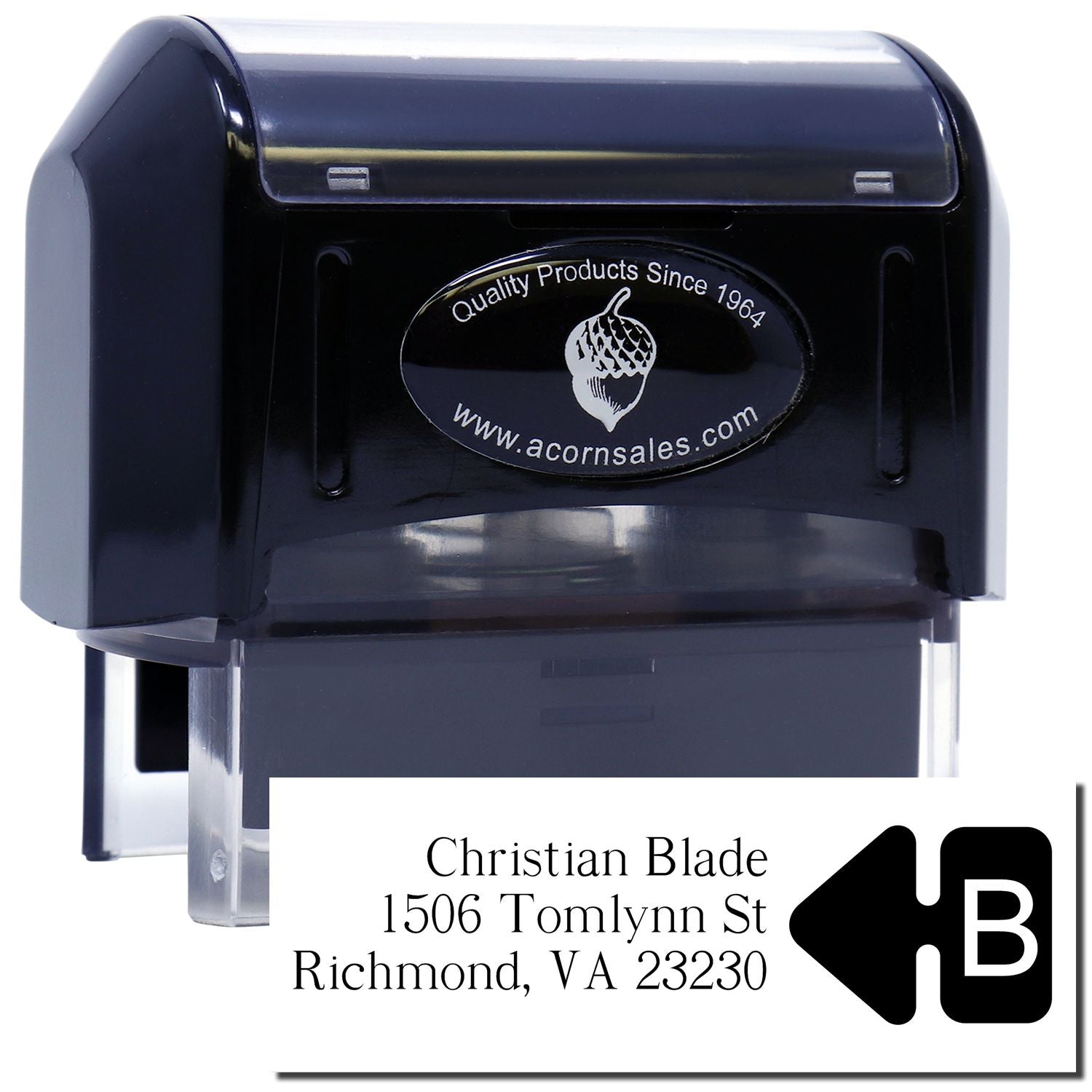 Custom self-inking address rubber stamp with Christian Blade return address, ideal for business mailings.