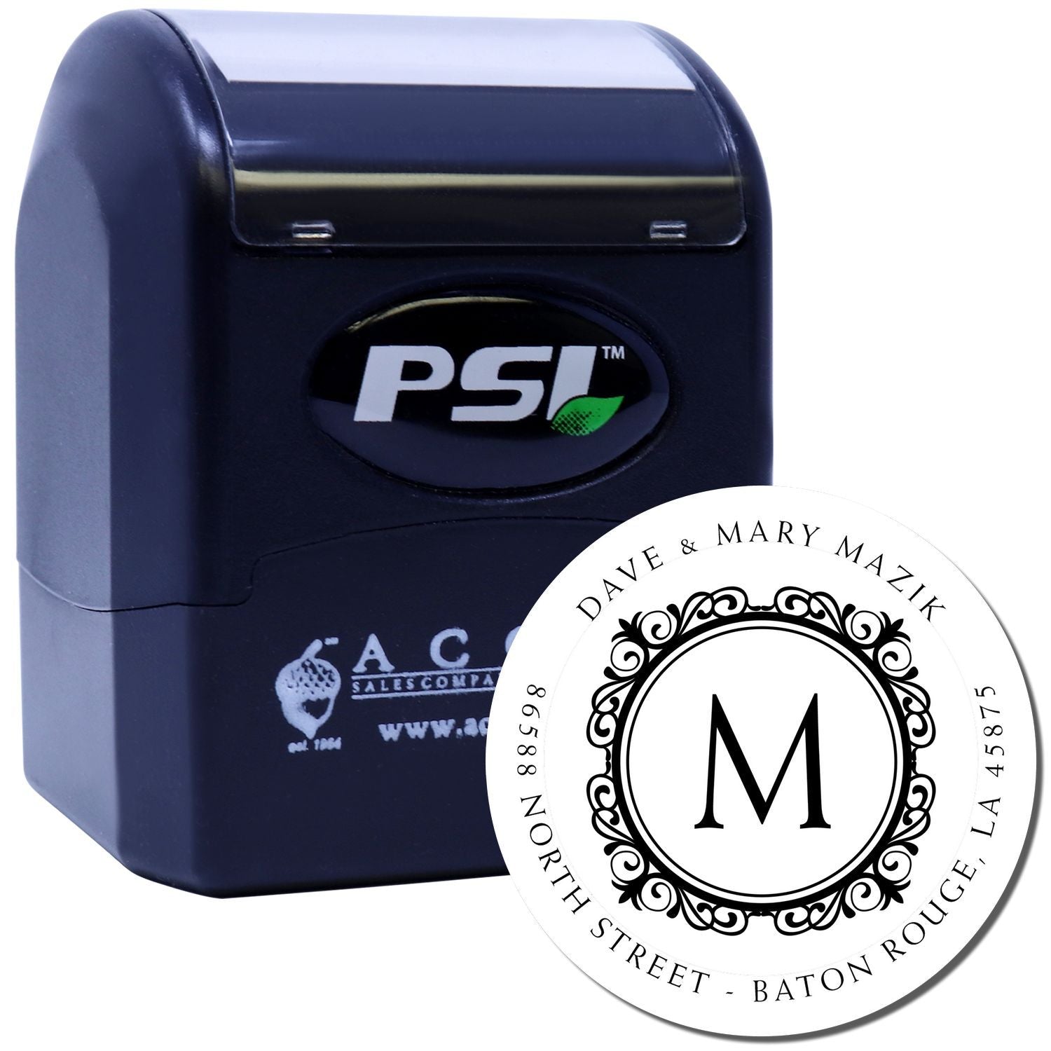PSI self-inking rubber stamp with custom monogram return address design for personalized wedding or business mailing