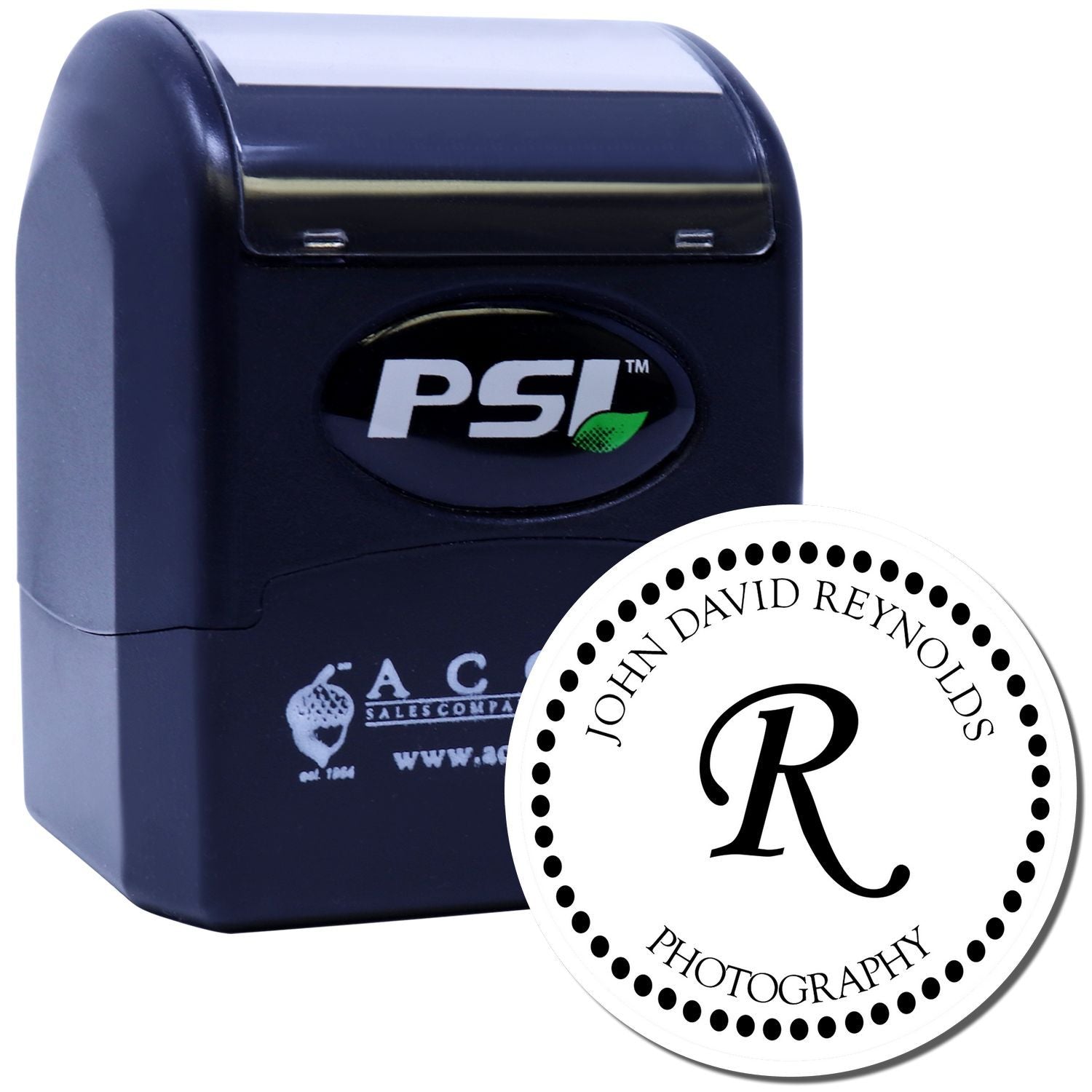 Custom PSI self-inking rubber stamp with round monogram return address design for photography branding