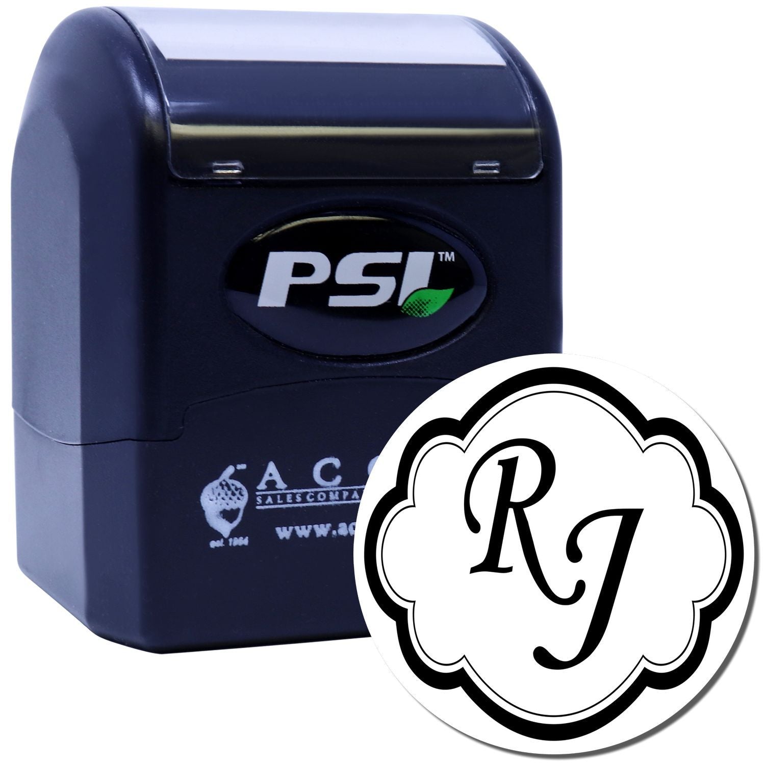 PSI self-inking rubber stamp with decorative RG monogram design for personalized labeling