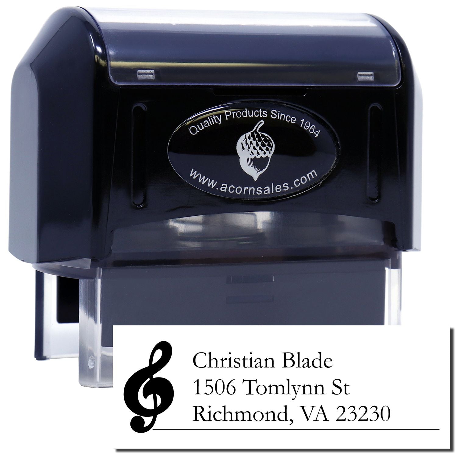 Custom self-inking address stamp with treble clef for Christian Blade, Richmond VA, ideal for musician return mail.