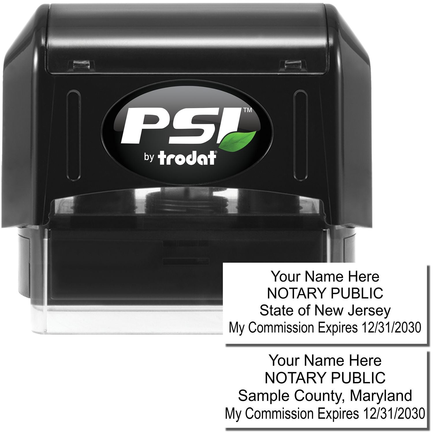 PSI by Trodat self-inking notary stamp with custom notary public impression for New Jersey and Maryland.