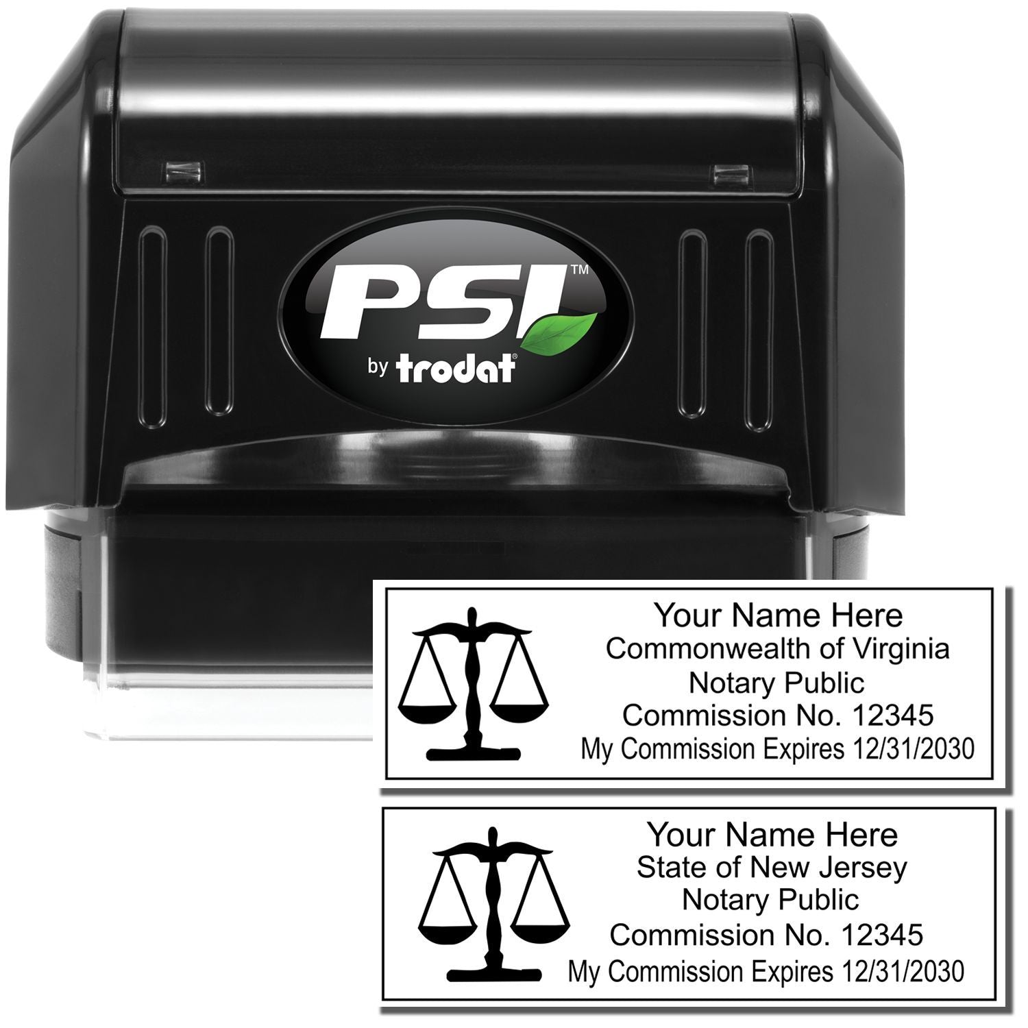 PSI by Trodat self-inking notary stamp with custom Virginia and New Jersey notary public seal impressions and commission details
