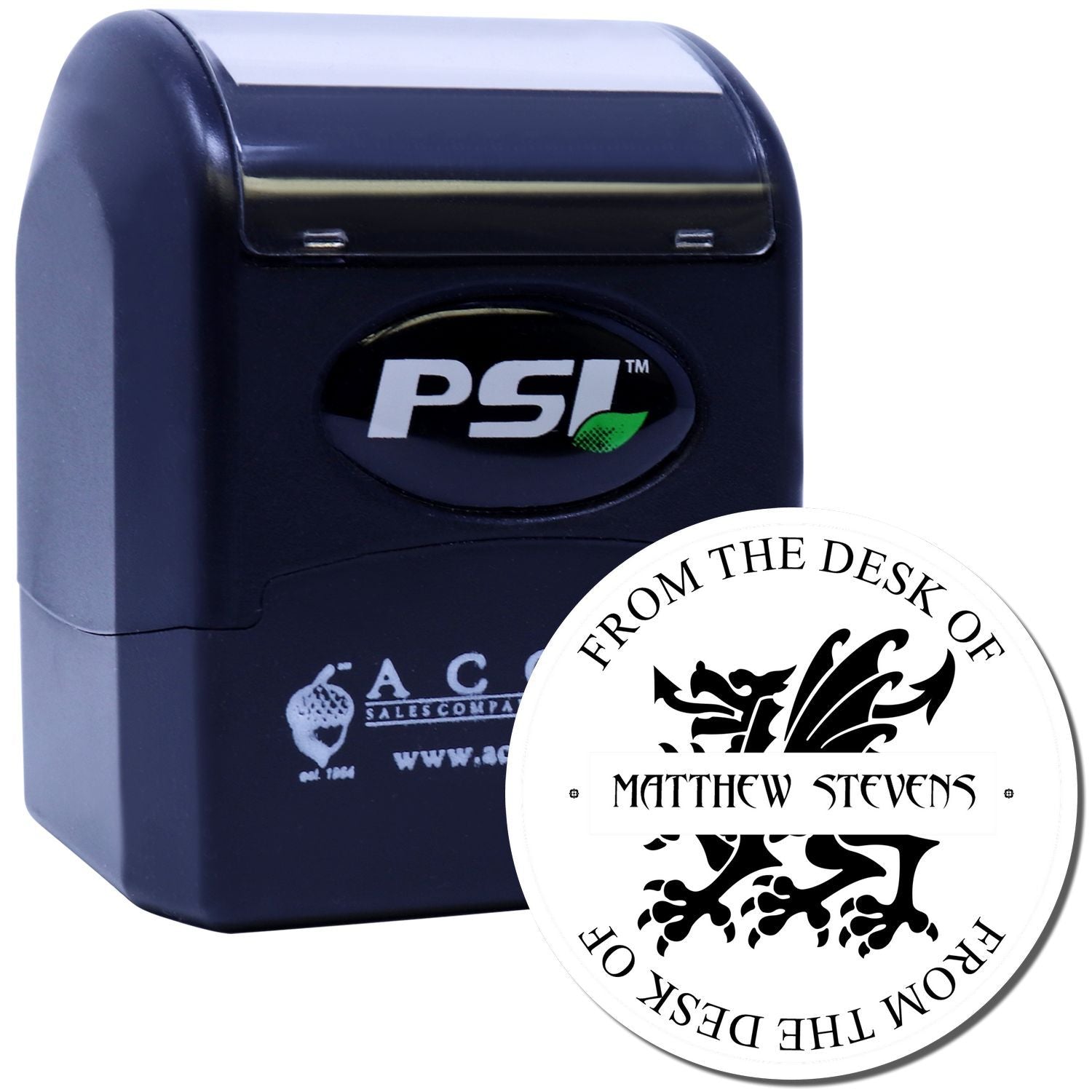 PSI self-inking rubber stamp with custom From the Desk of Matthew Stevens personalized office stamp design.