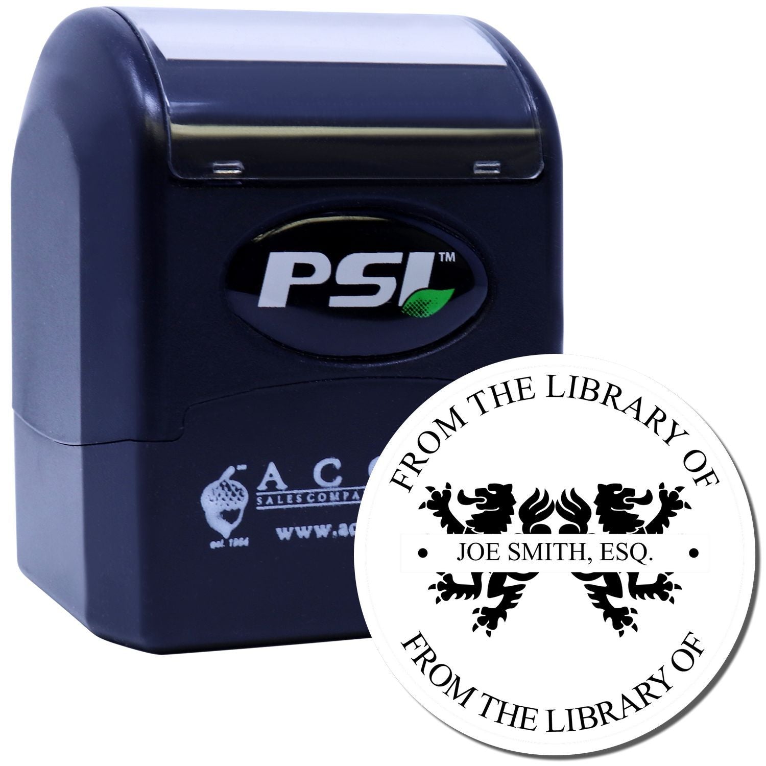 Custom self-inking rubber stamp for books, featuring a personalized From the Library of Joe Smith, Esq. design.