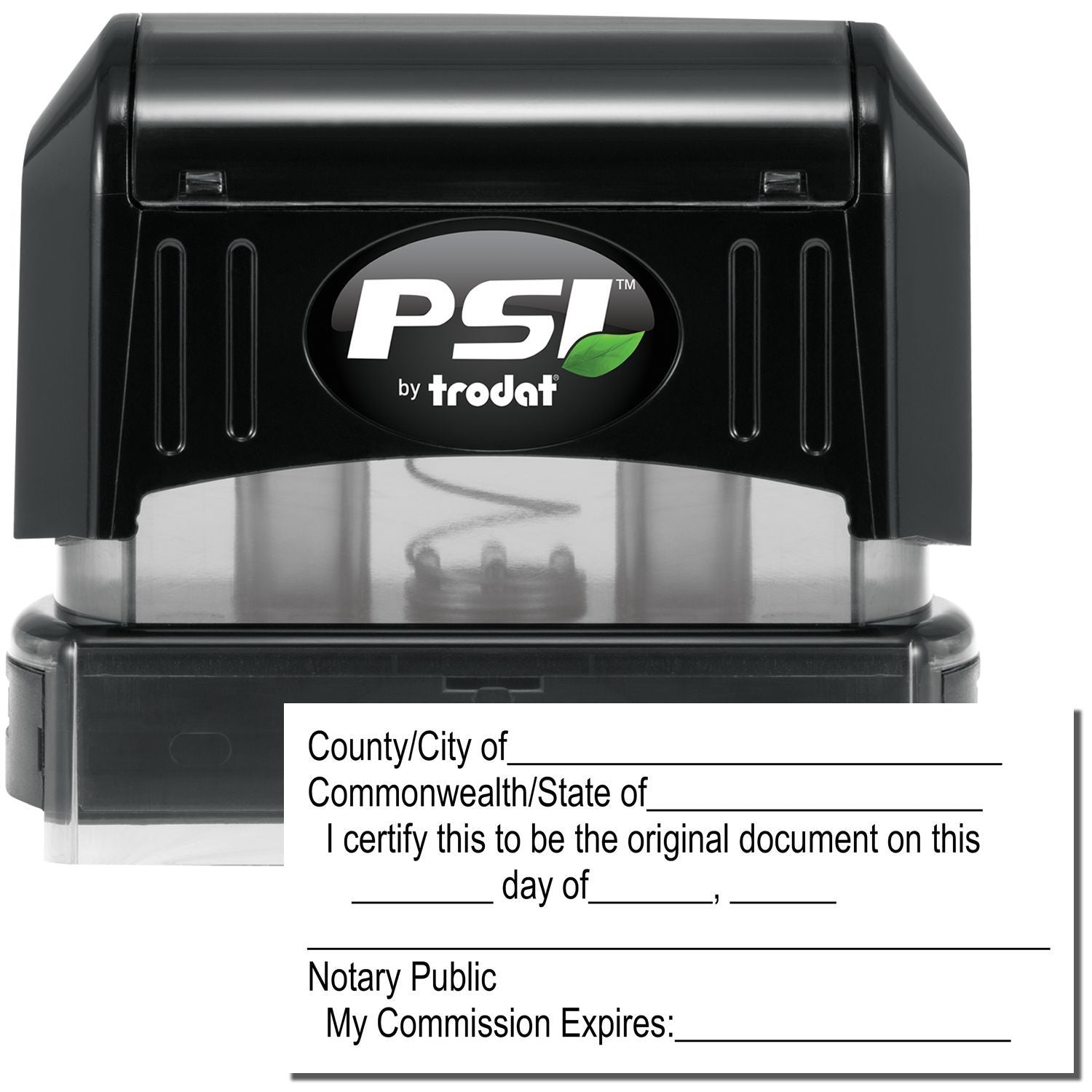 PSI by Trodat self-inking notary public stamp with certificate impression template and original document wording.