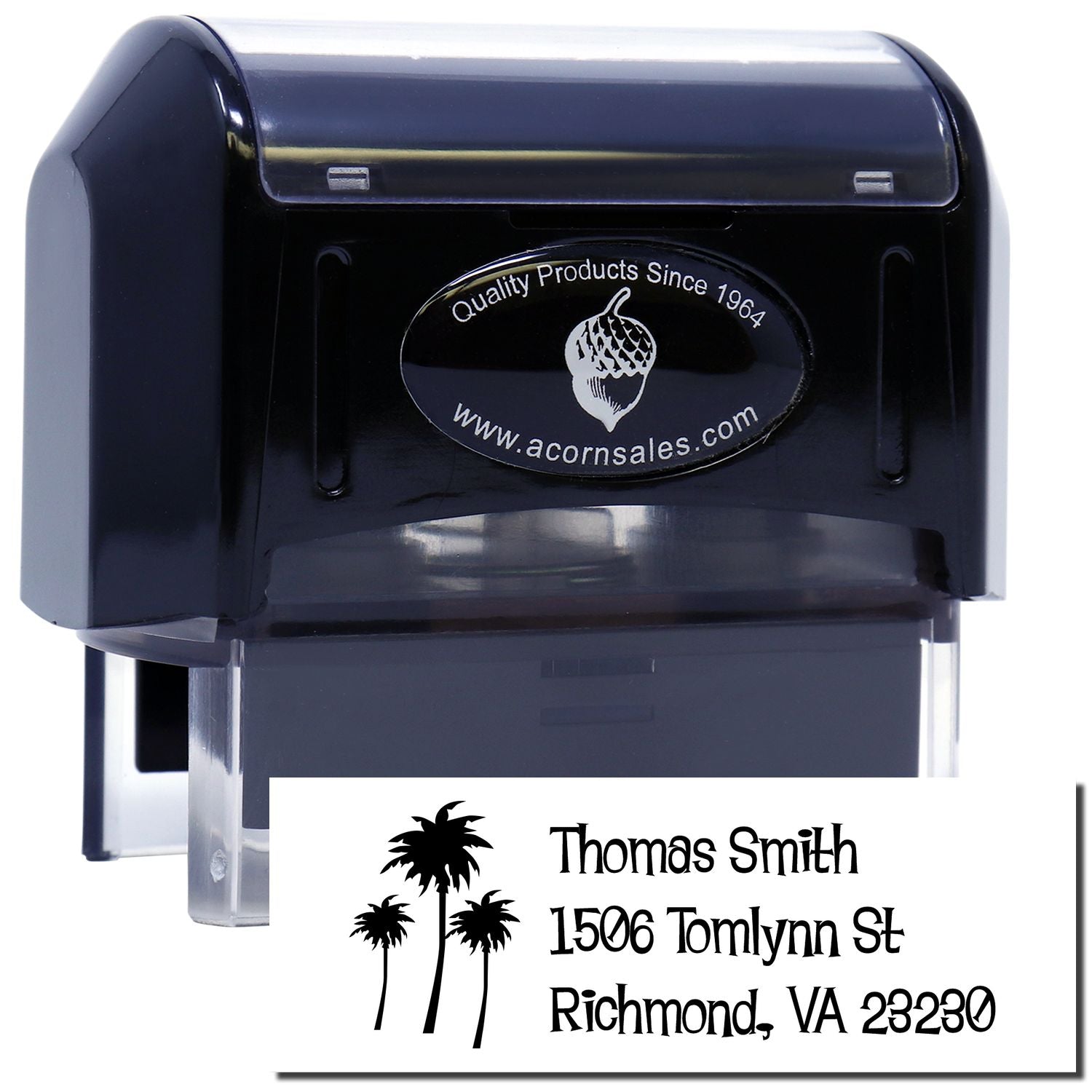 Custom self-inking rubber address stamp with palm tree design and personalized Thomas Smith Richmond, VA return address imprint.