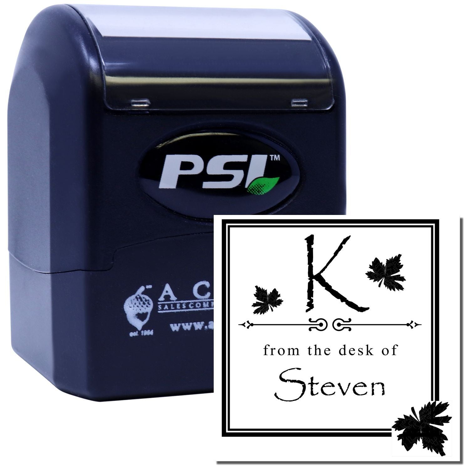 Custom PSI self-inking rubber stamp featuring a personalized from the desk of Steven K monogram with leaf accents.