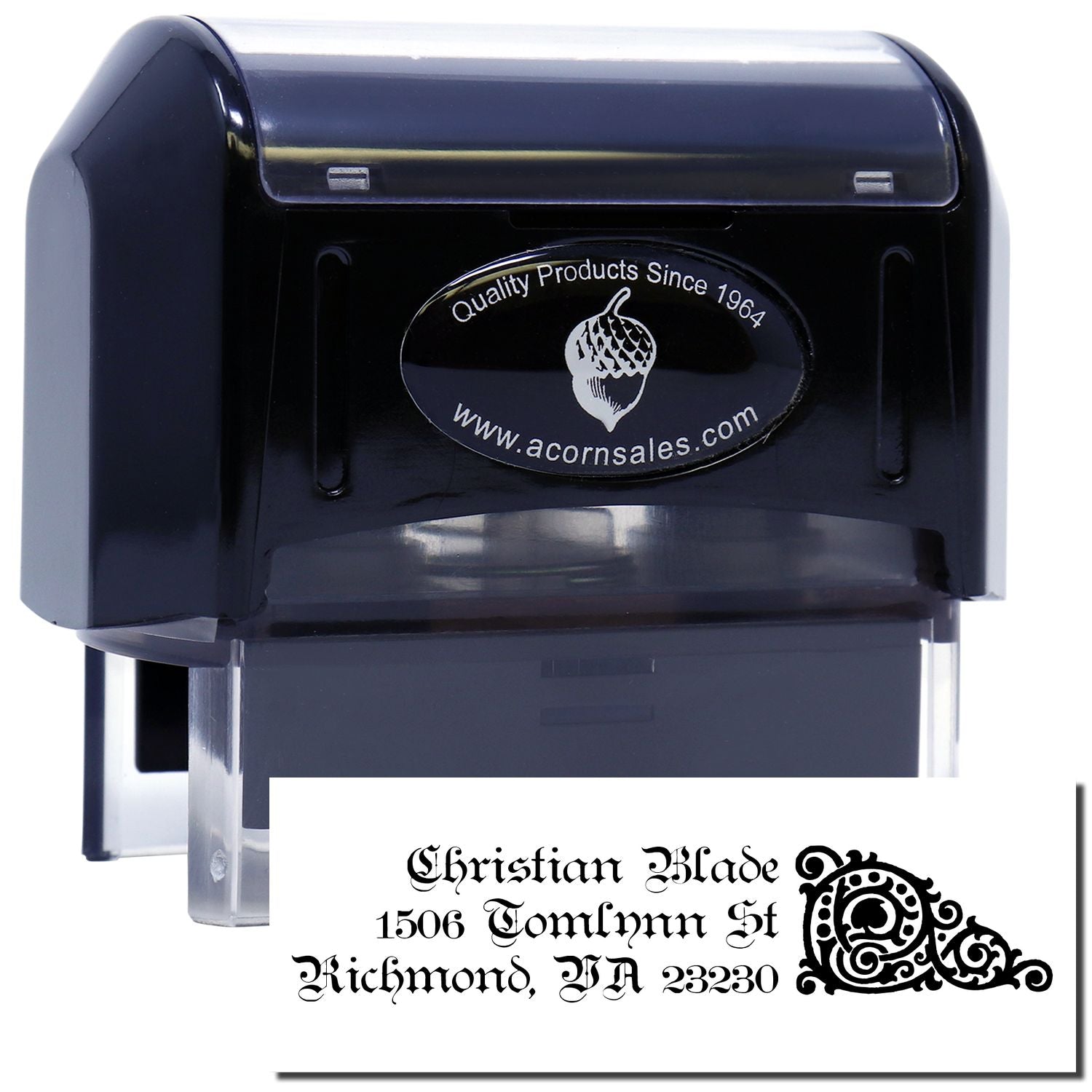Custom self-inking rubber address stamp with ornate monogram design for personalized return address and mailing use