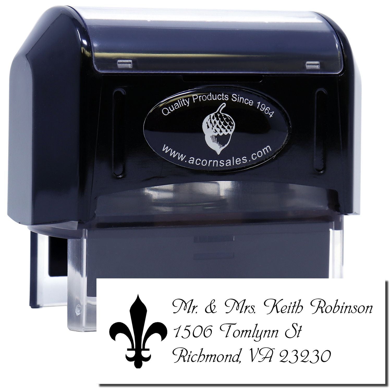 Custom self-inking address rubber stamp with fleur-de-lis design and sample return address imprint.