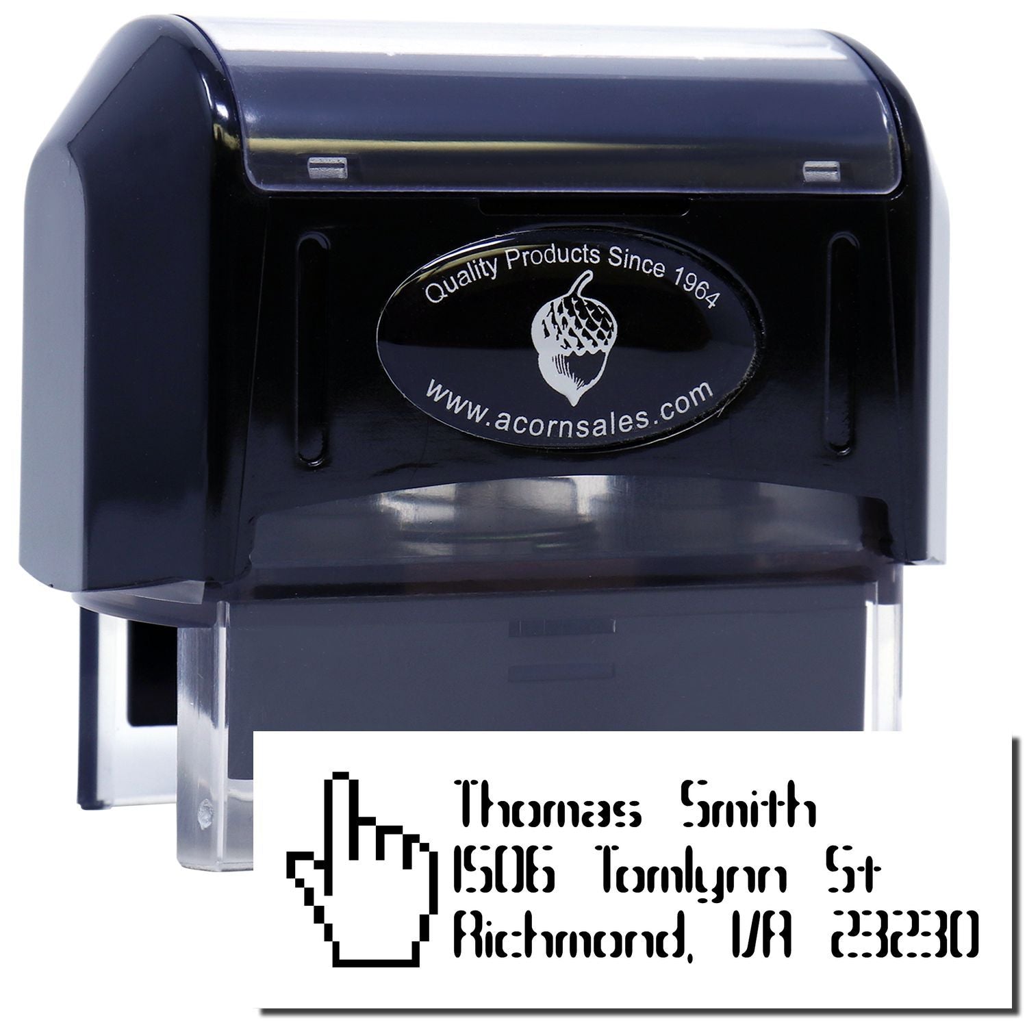 Custom self-inking rubber stamp with return address imprint, ideal for business mailing and office branding.