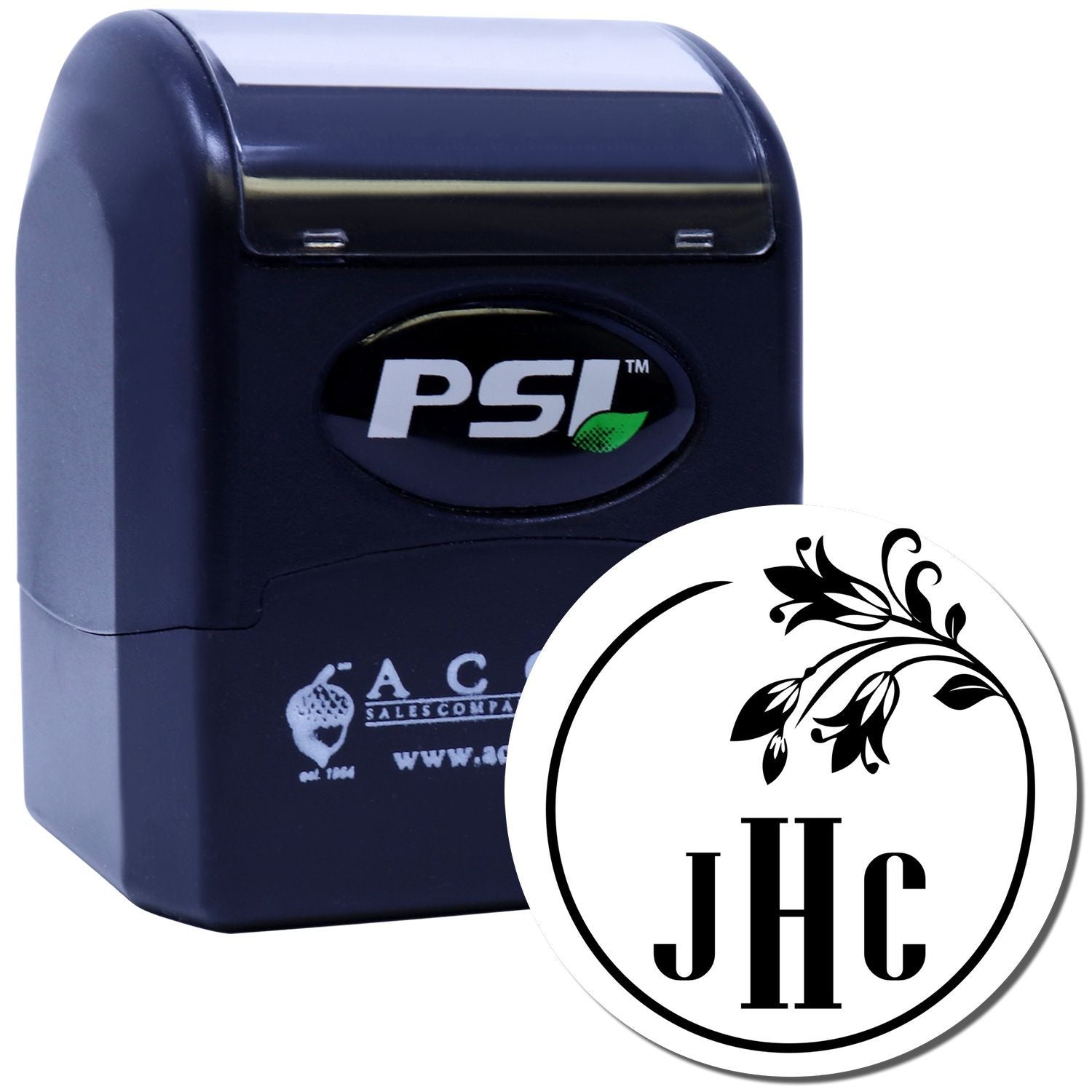 Custom self-inking rubber stamp with floral monogram design, shown on PSI stamp machine for business or wedding use.