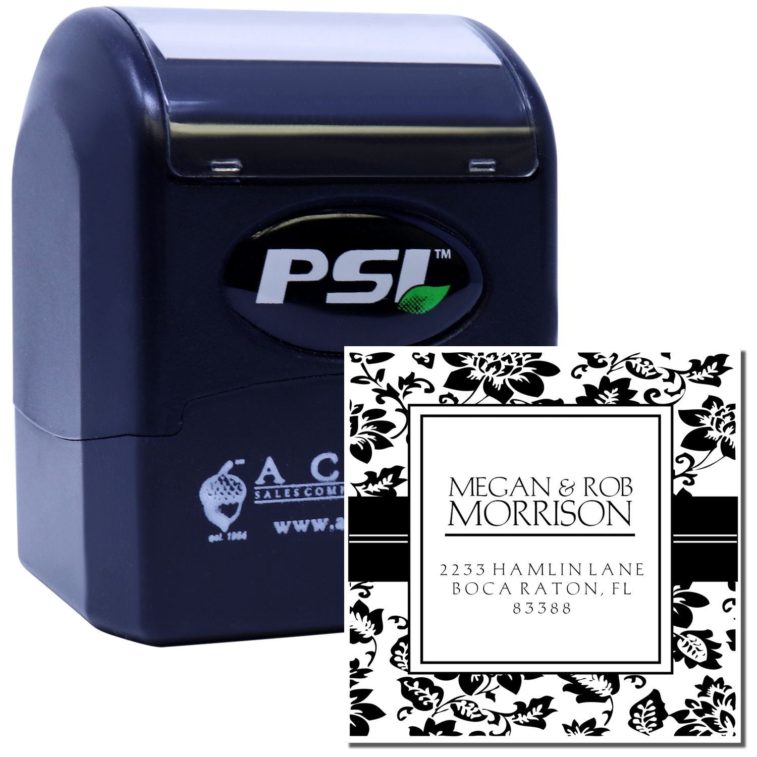 PSI self-inking custom return address rubber stamp with floral border and personalized name-and-address imprint.