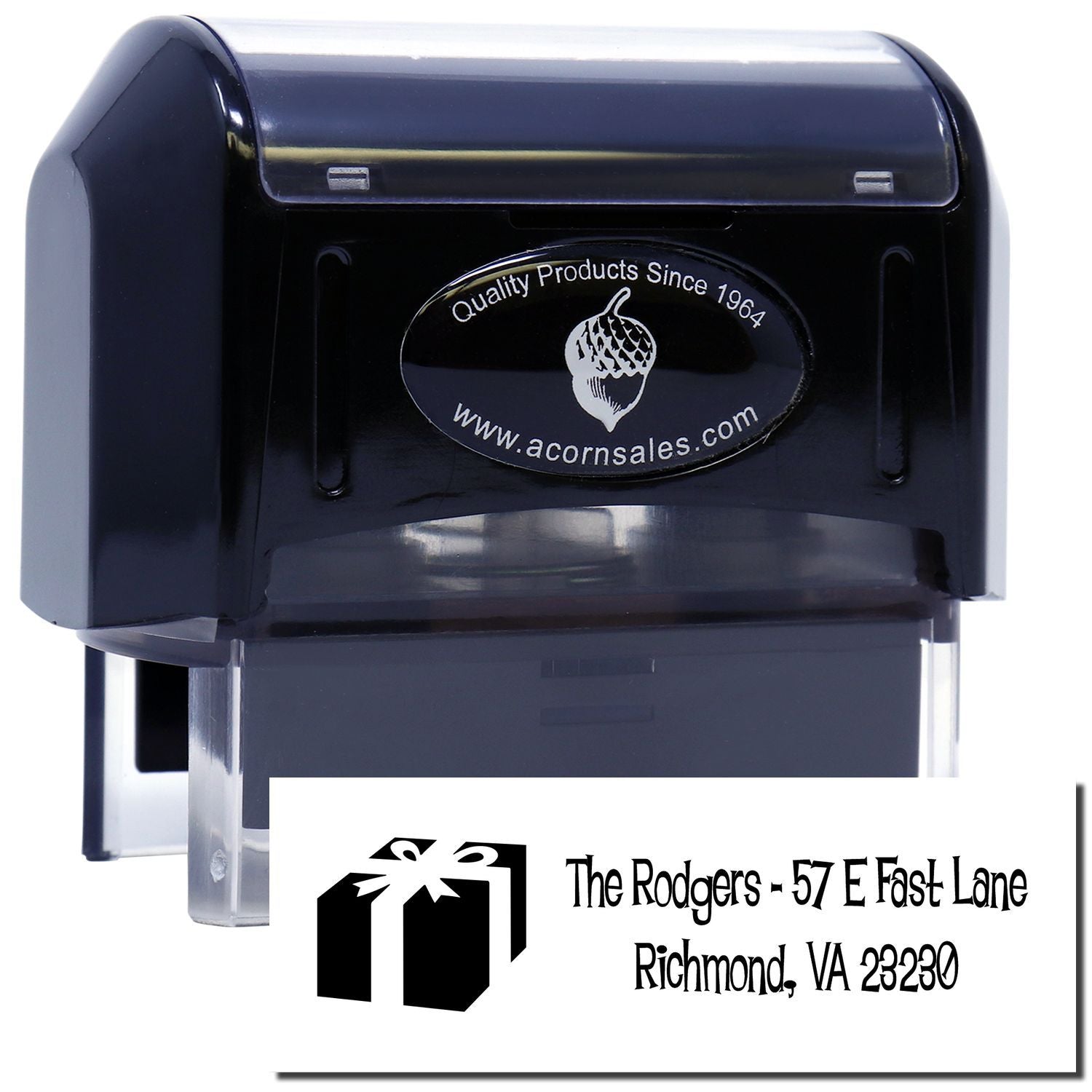 Custom self-inking rubber address stamp with gift icon and return address for The Rodgers, Richmond, VA 23230.